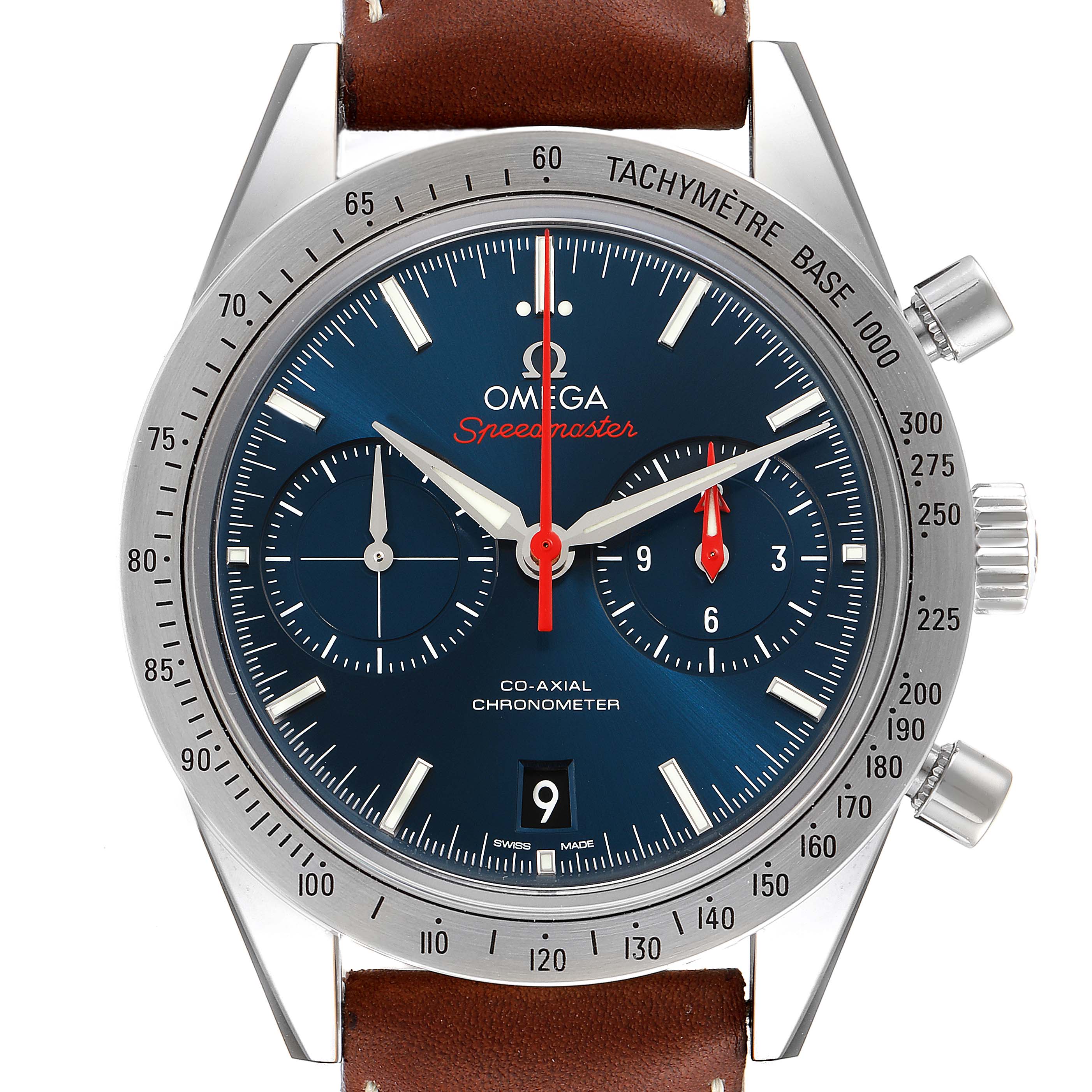 The image shows a front view of an Omega Speedmaster 331.12.42.51.03.001 Men's Stainless Steel Blue Dial 331.12.42.51.03.001 Men's Stainless Steel Blue Dial watch, highlighting its blue dial, tachymeter, and chronograph functions.