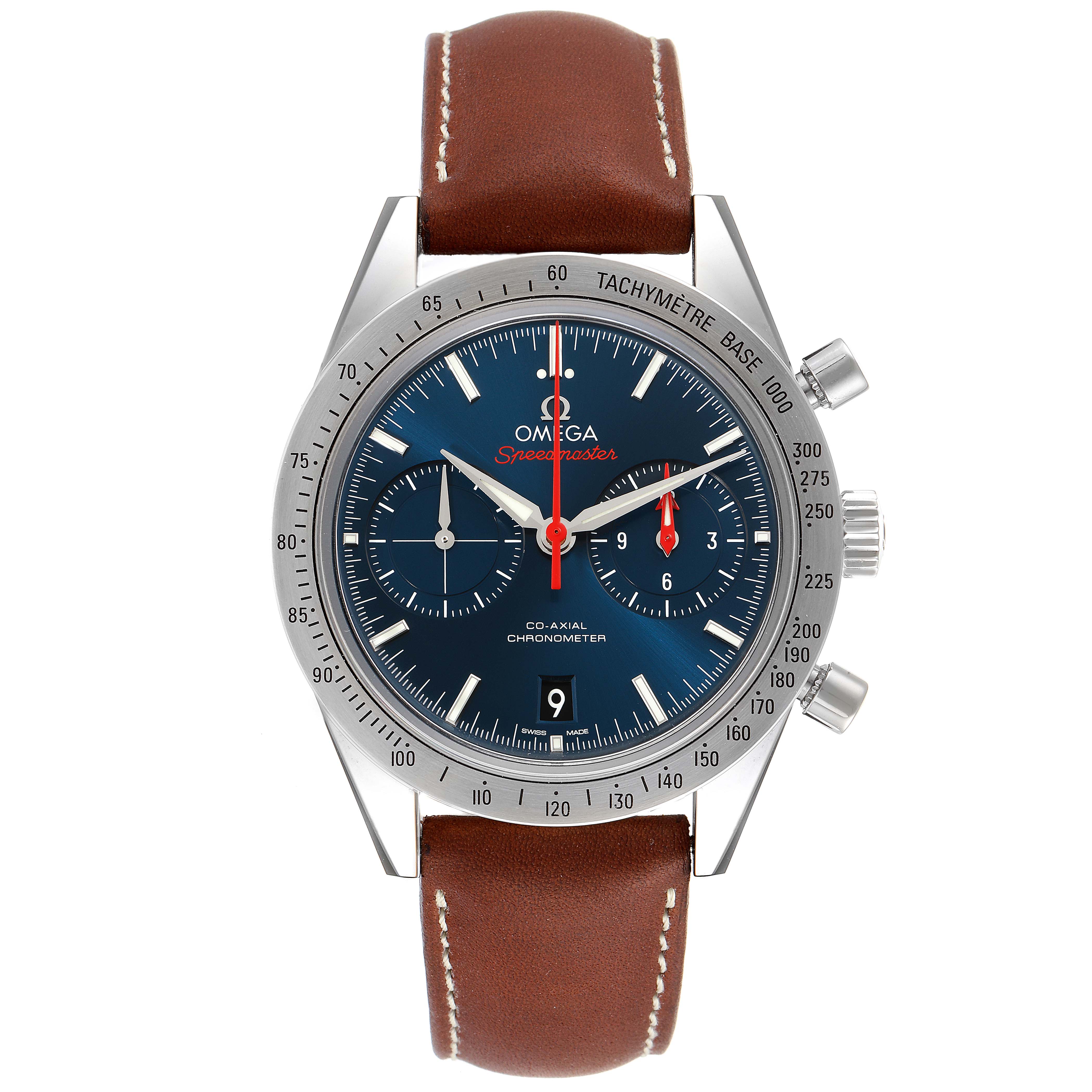 The image shows a front view of an Omega Speedmaster 331.12.42.51.03.001 Men's Stainless Steel Blue Dial 331.12.42.51.03.001 Men's Stainless Steel Blue Dial watch with a brown leather strap and stainless steel case.