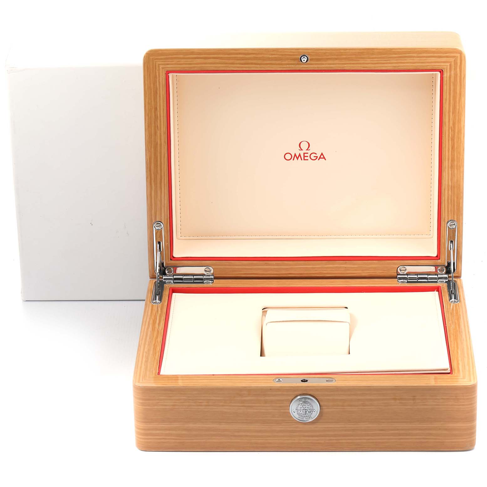 The image shows an open Omega Speedmaster 331.12.42.51.03.001 Men's Stainless Steel Blue Dial 331.12.42.51.03.001 Men's Stainless Steel Blue Dial watch box with a holder inside, viewed from the front.