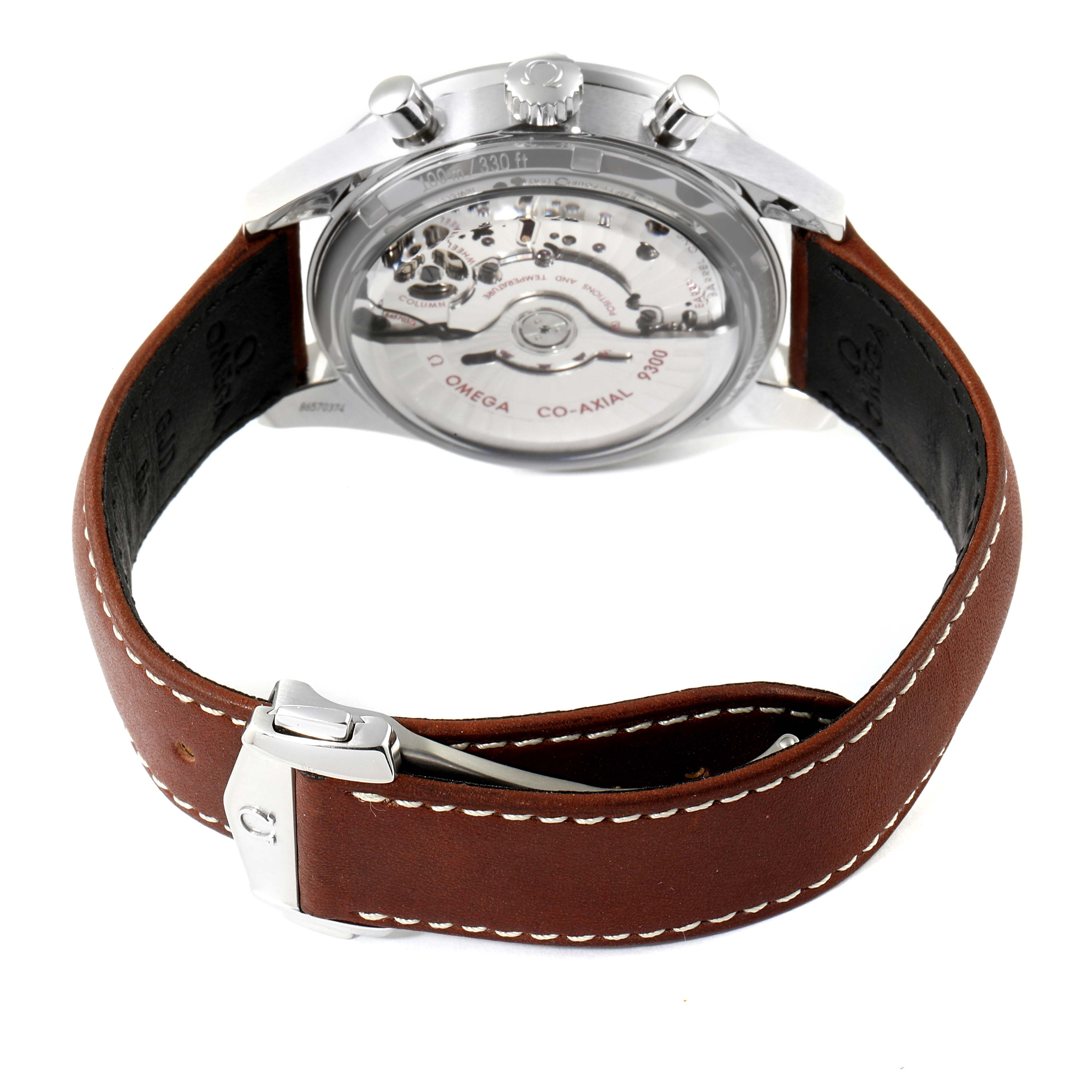 The image shows the back view of an Omega Speedmaster 331.12.42.51.03.001 Men's Stainless Steel Blue Dial 331.12.42.51.03.001 Men's Stainless Steel Blue Dial watch, displaying its transparent case back and brown leather strap with a buckle.