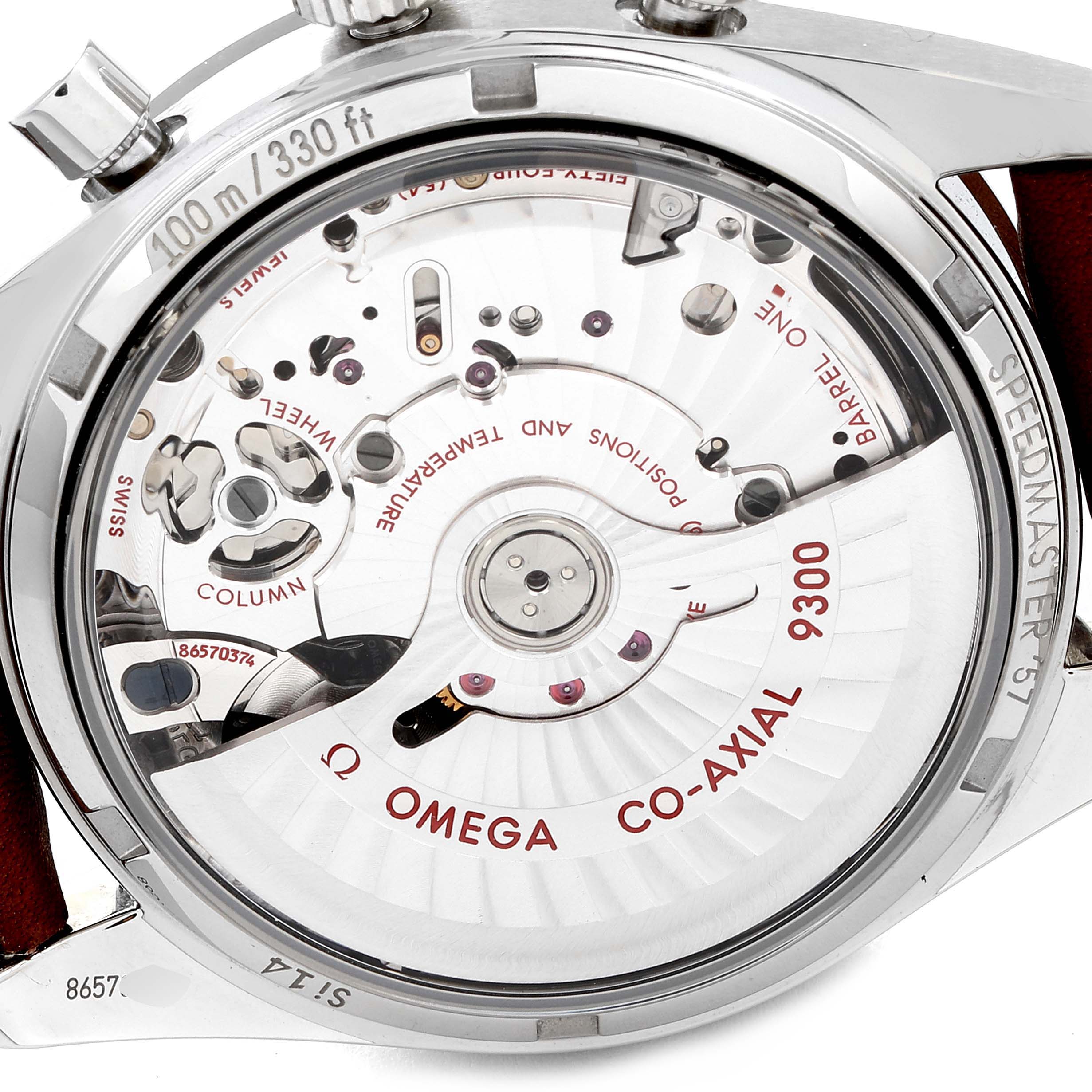 The image shows the back of an Omega Speedmaster 331.12.42.51.03.001 Men's Stainless Steel Blue Dial 331.12.42.51.03.001 Men's Stainless Steel Blue Dial watch, revealing the Co-Axial 9300 movement.