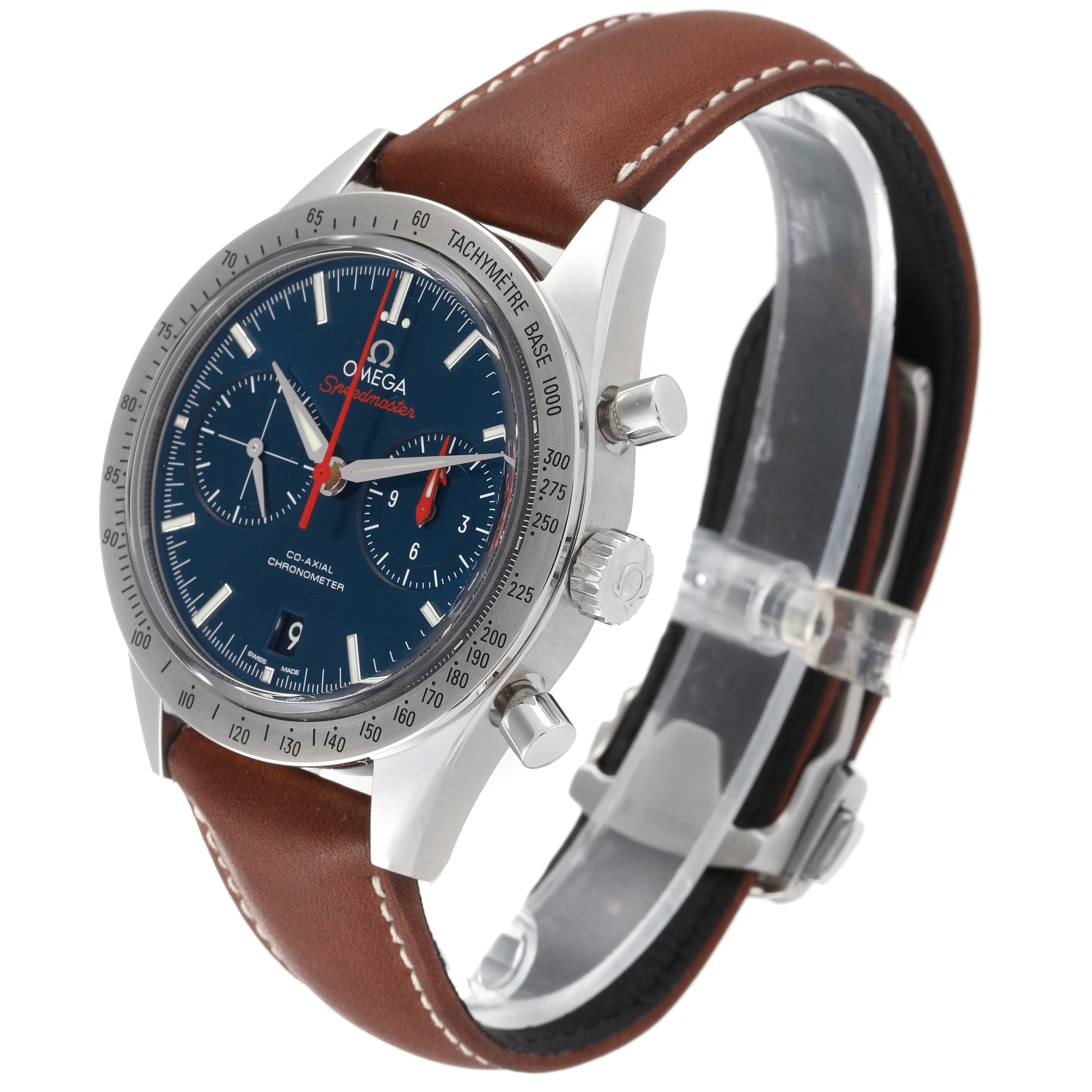 This image shows an Omega Speedmaster 331.12.42.51.03.001 Men's Stainless Steel Blue Dial 331.12.42.51.03.001 Men's Stainless Steel Blue Dial watch angled slightly from the right, displaying its dial, bezel, and brown leather strap.