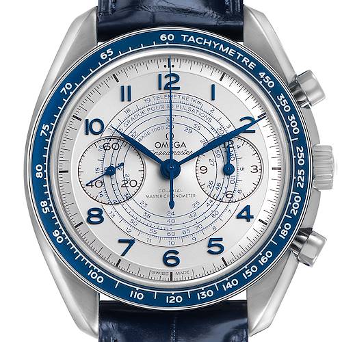 The Omega Speedmaster 329.33.43.51.02.001 Men's Stainless Steel Silver Dial is shown from a front angle, highlighting the dial, subdials, bezel, and pushers.