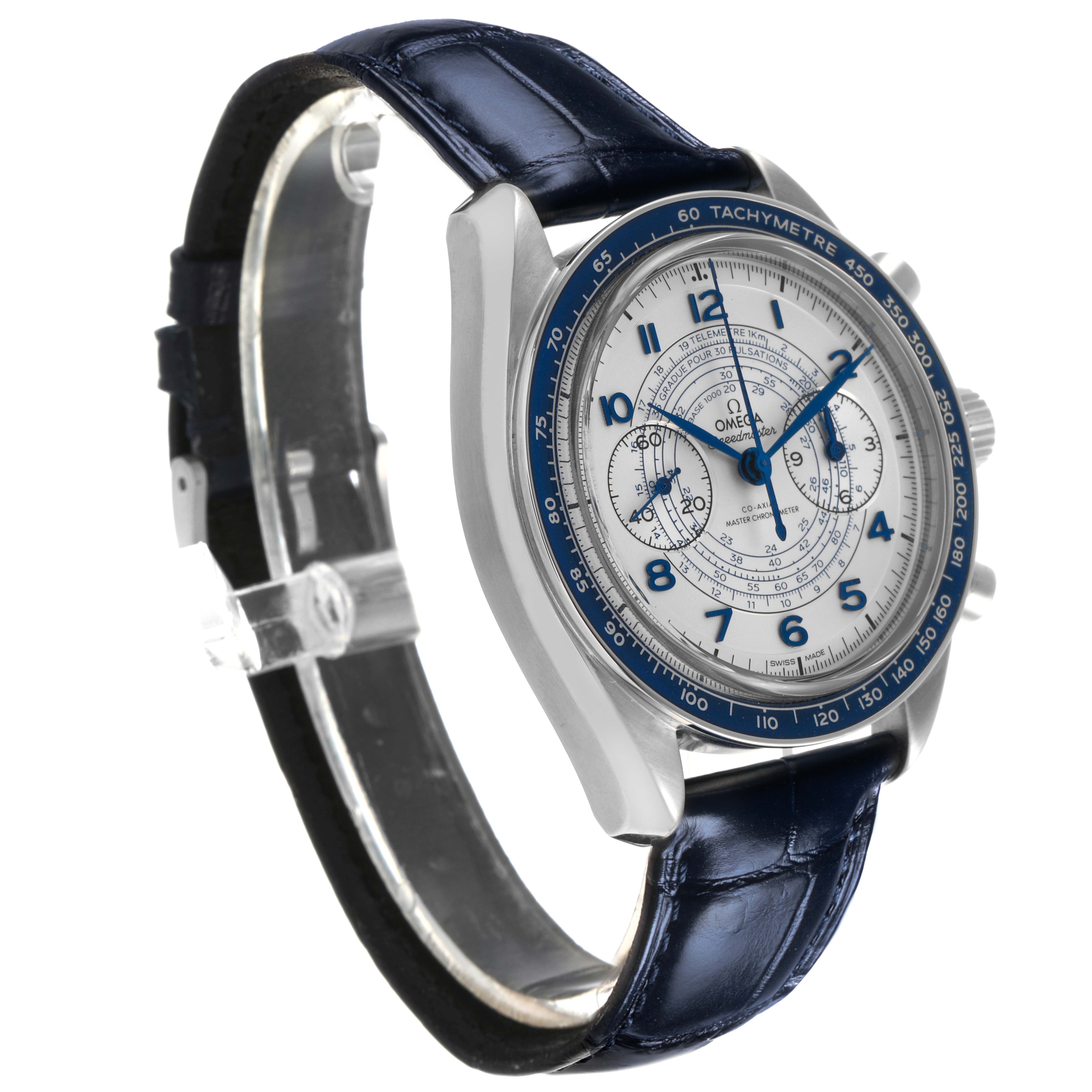 The Omega Speedmaster 329.33.43.51.02.001 Men's Stainless Steel Silver Dial watch is shown at a side angle, highlighting the face, bezel, and dark strap.