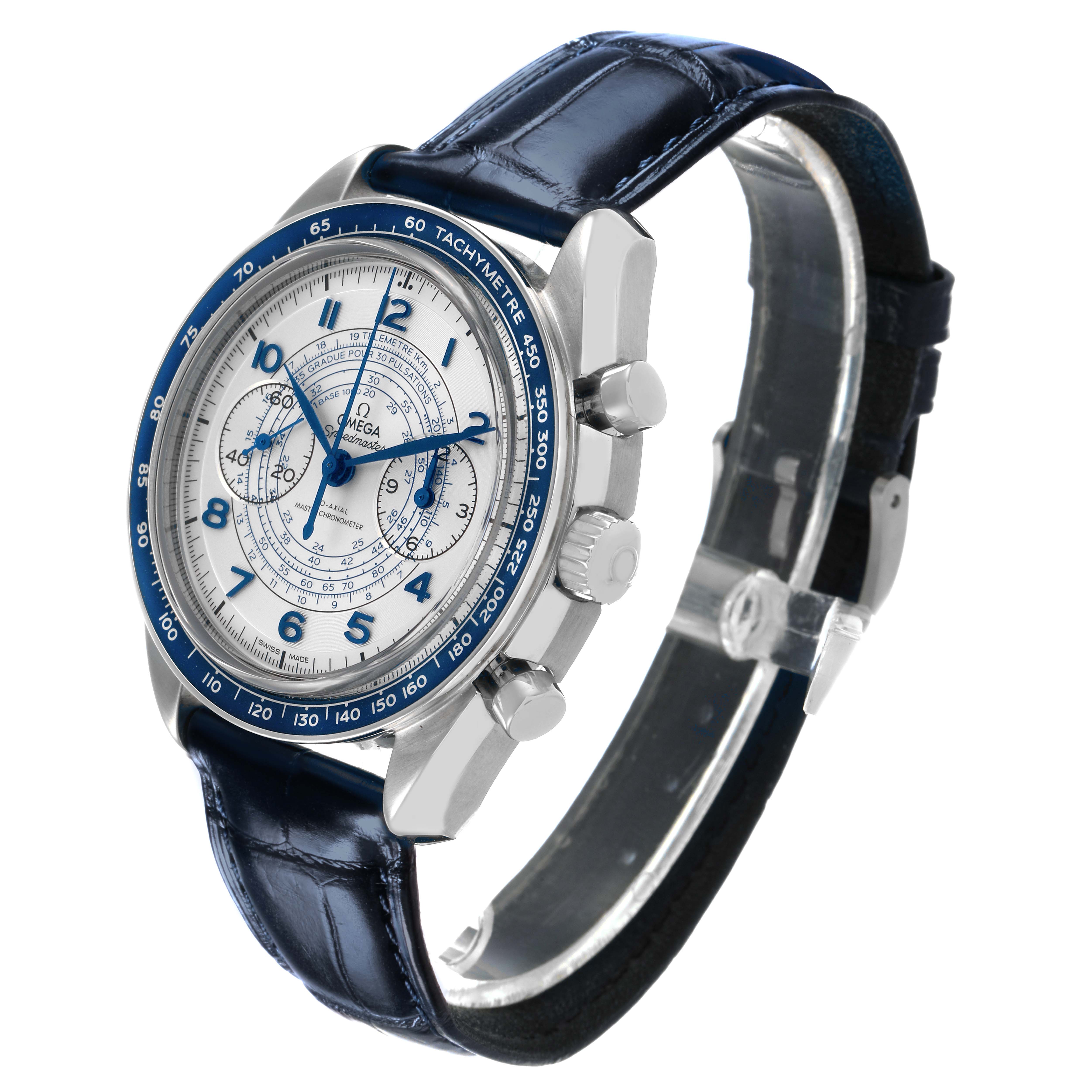 The Omega Speedmaster 329.33.43.51.02.001 Men's Stainless Steel Silver Dial watch is shown at a slight angle, highlighting its face, bezel, and leather strap.