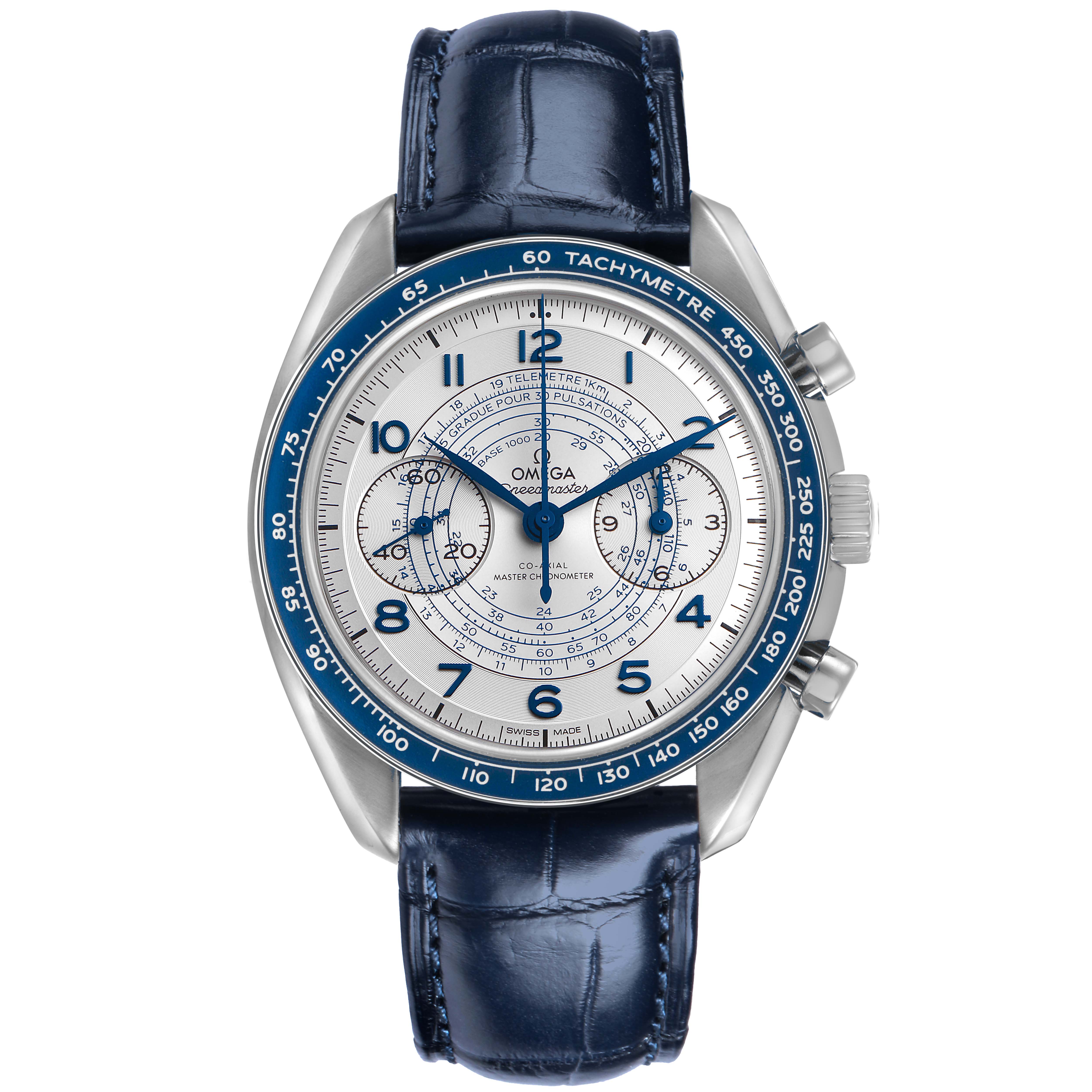 The Omega Speedmaster 329.33.43.51.02.001 Men's Stainless Steel Silver Dial watch is shown from a top-down angle, highlighting the dial, bezel, and the leather strap.
