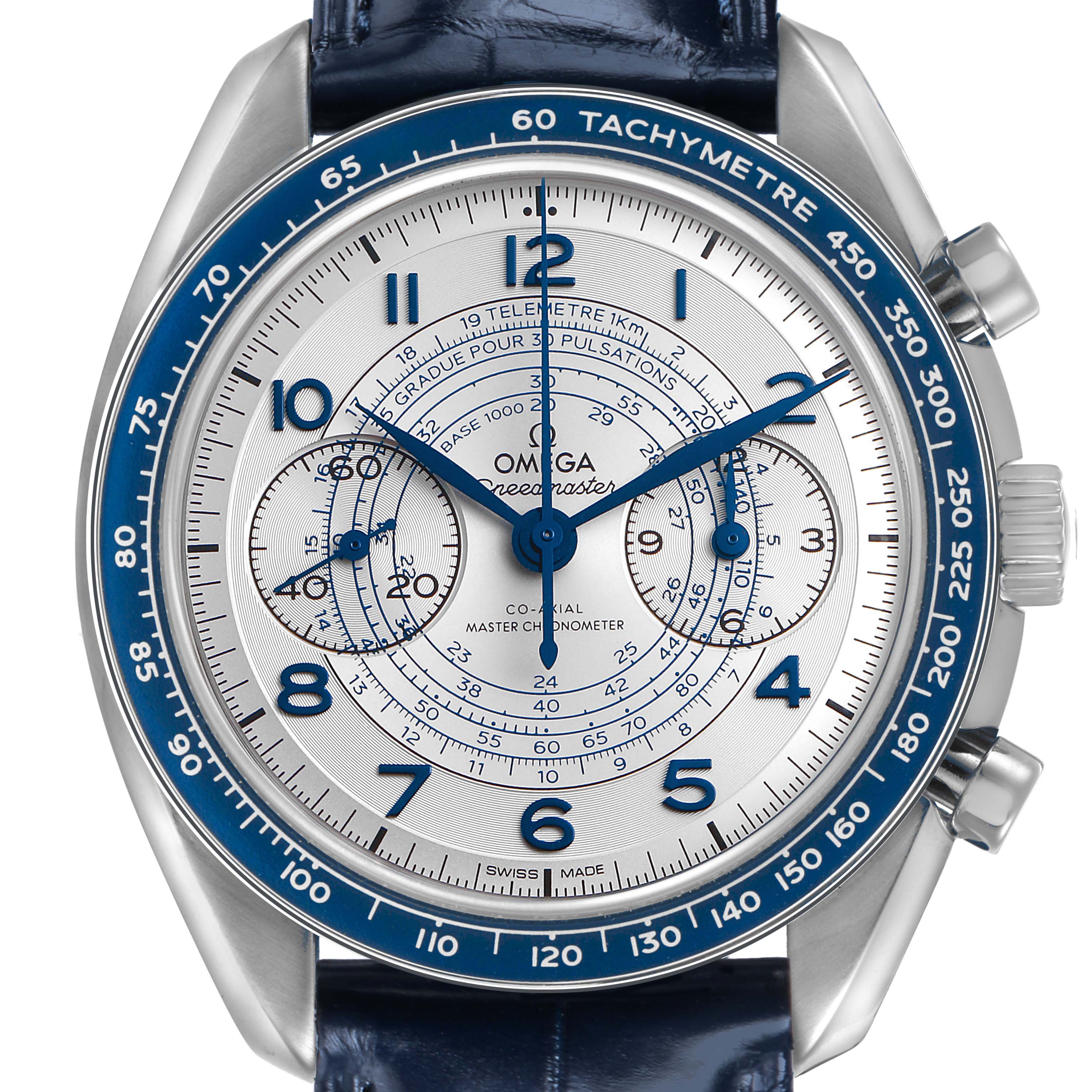 The Omega Speedmaster 329.33.43.51.02.001 Men's Stainless Steel Silver Dial watch is shown from a front angle, highlighting the dial, bezel, and crown.
