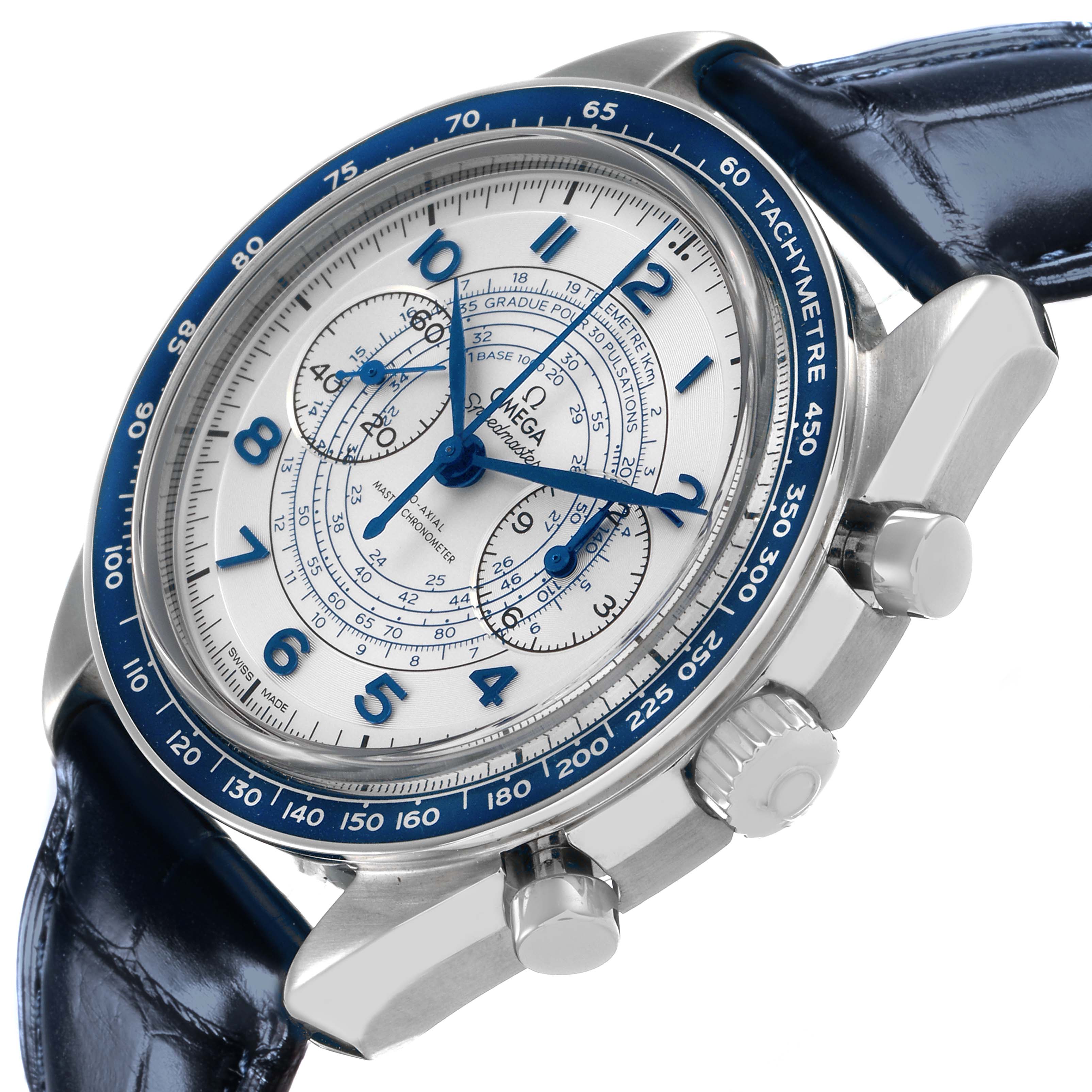 The Omega Speedmaster 329.33.43.51.02.001 Men's Stainless Steel Silver Dial watch is shown at a slight angle, highlighting the bezel, dial, pushers, and strap attachment.