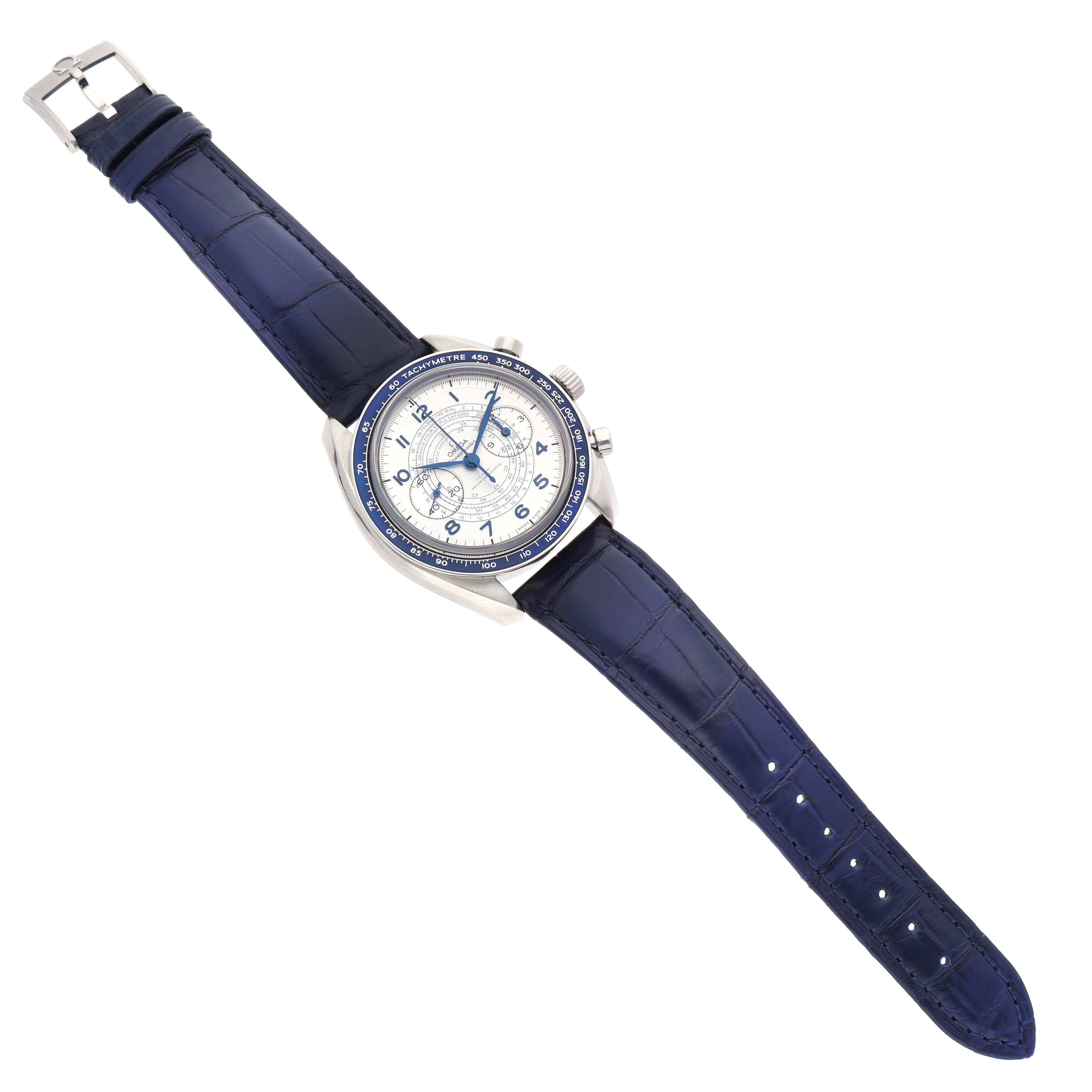 The Omega Speedmaster 329.33.43.51.02.001 Men's Stainless Steel Silver Dial watch is shown from an angled top view, displaying the face, bezel, case, crown, and entire blue leather strap.