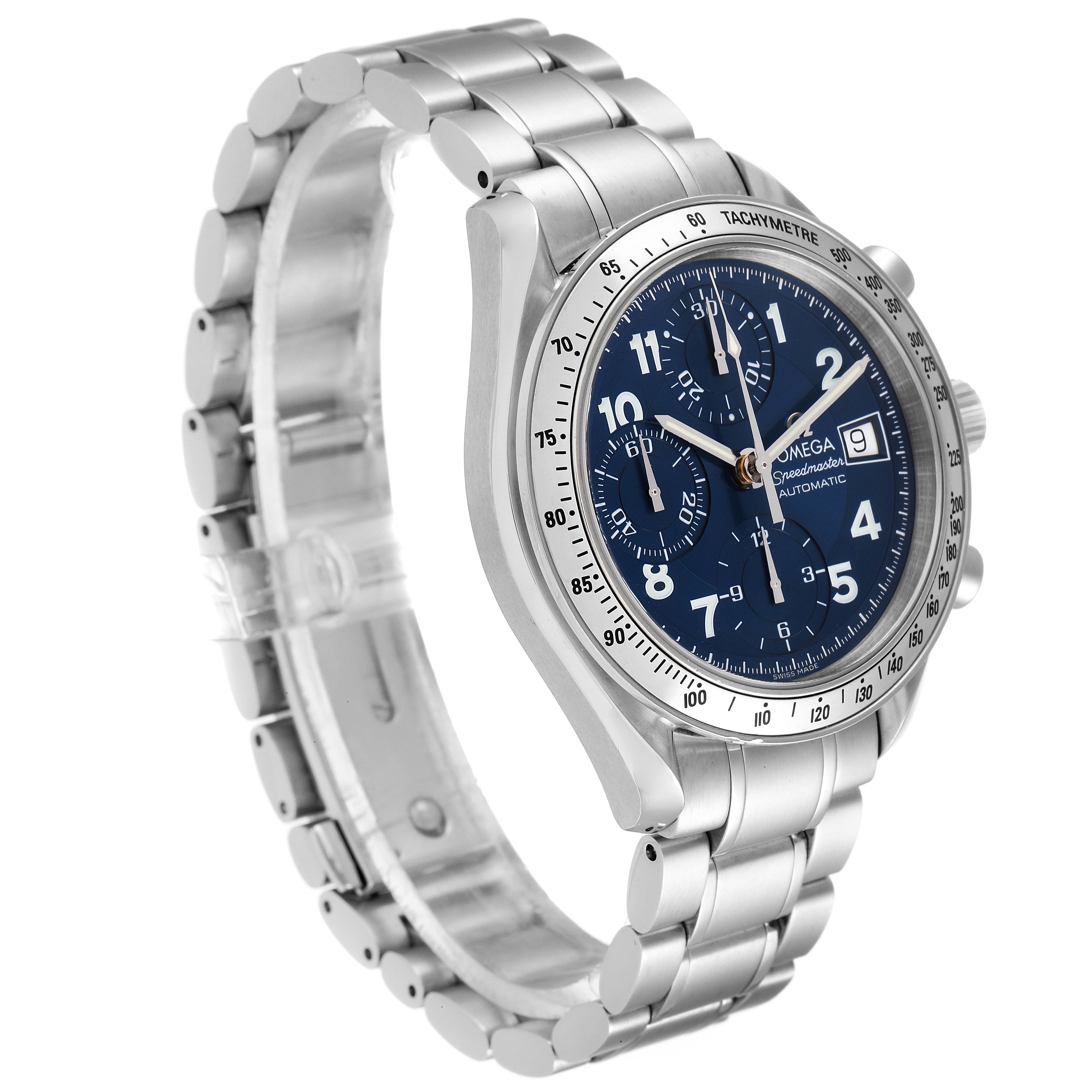 The image shows a side angle of the Omega Speedmaster 3513.82.00 Men's Stainless Steel Blue Dial 3513.82.00 Men's Stainless Steel Blue Dial watch, displaying its face, bezel, crown, and metal bracelet.
