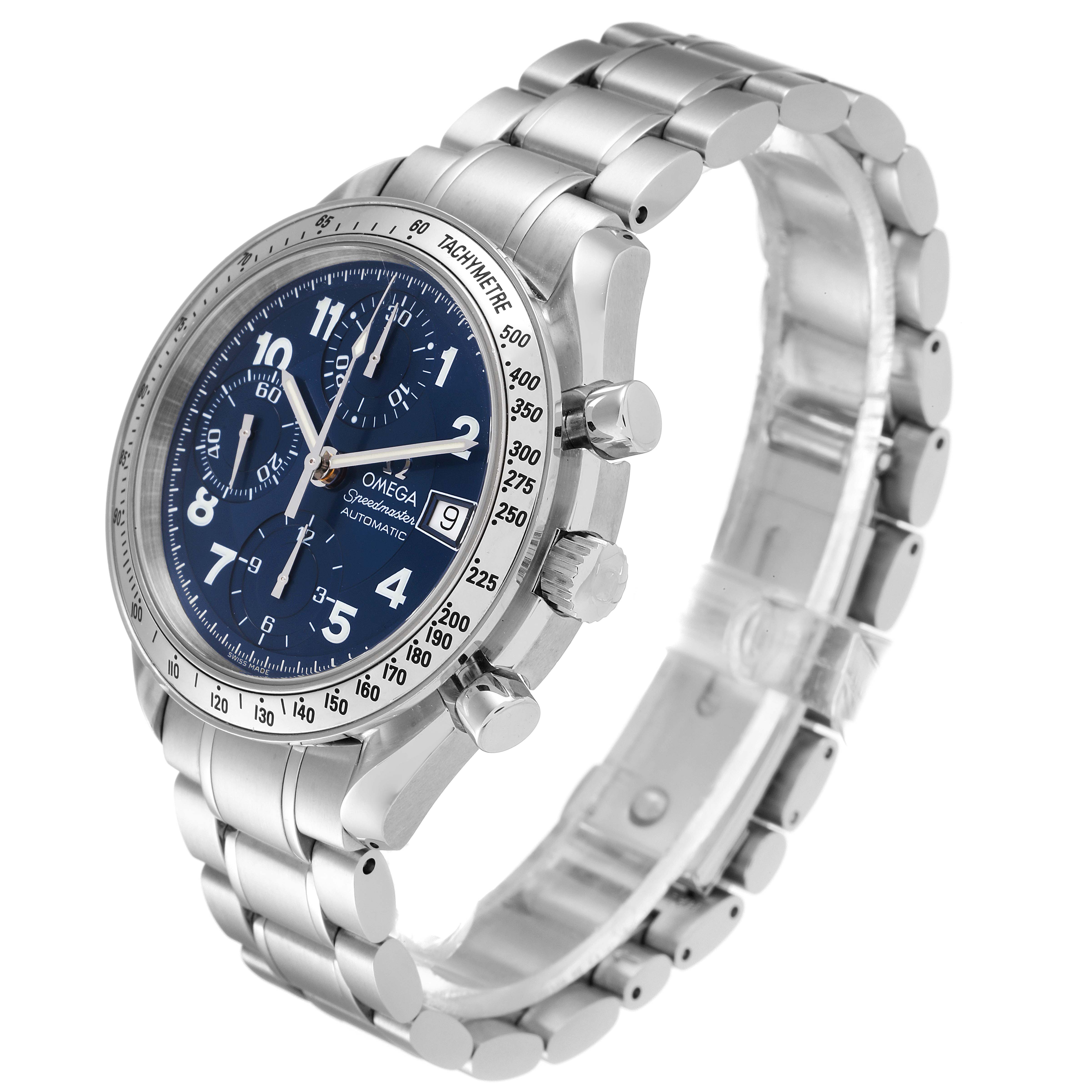 The Omega Speedmaster 3513.82.00 Men's Stainless Steel Blue Dial 3513.82.00 Men's Stainless Steel Blue Dial watch is shown at a three-quarter angle, highlighting the dial, chronograph buttons, and metal bracelet.