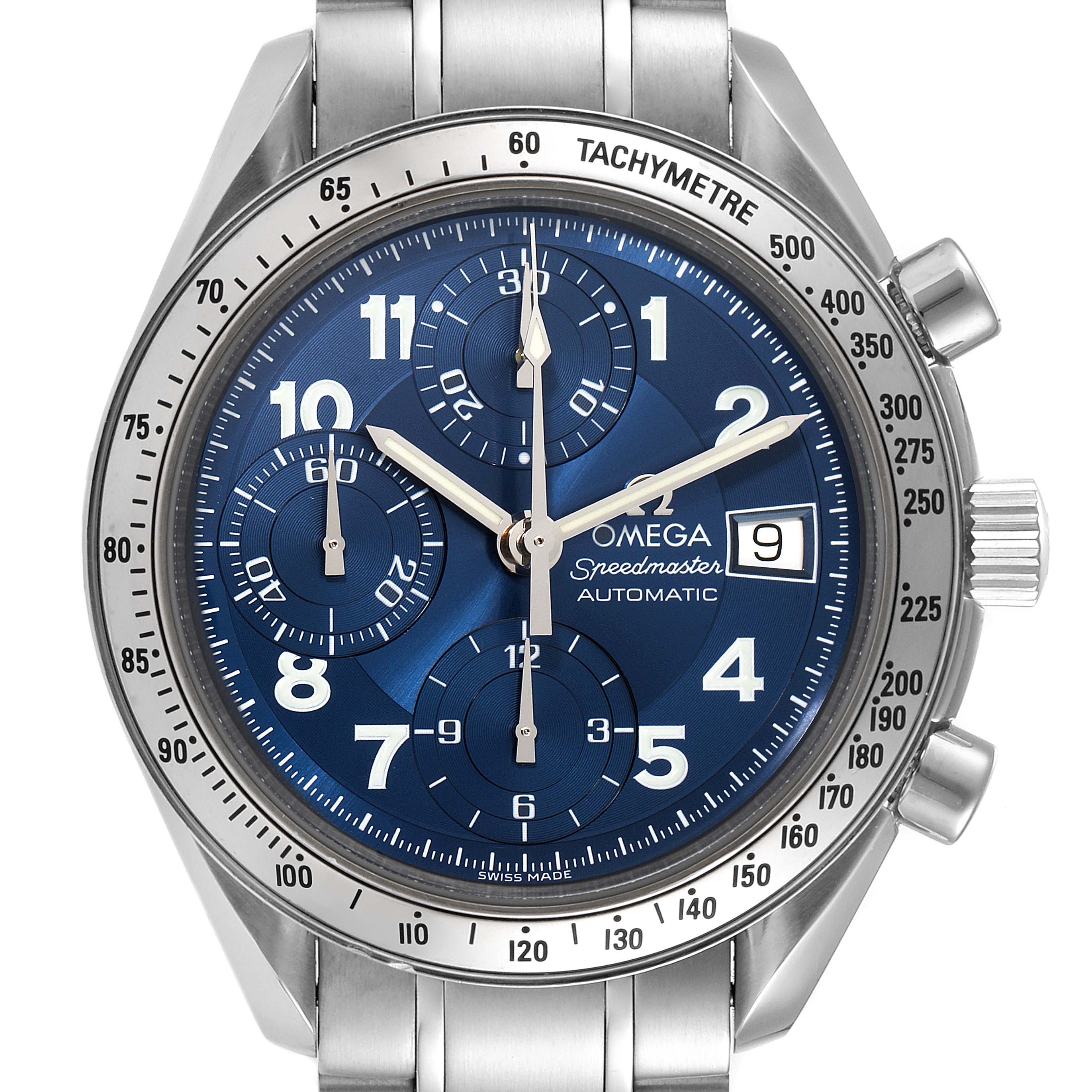 The image shows a front view of the Omega Speedmaster 3513.82.00 Men's Stainless Steel Blue Dial 3513.82.00 Men's Stainless Steel Blue Dial watch, highlighting its blue dial, subdials, tachymeter, and date display.
