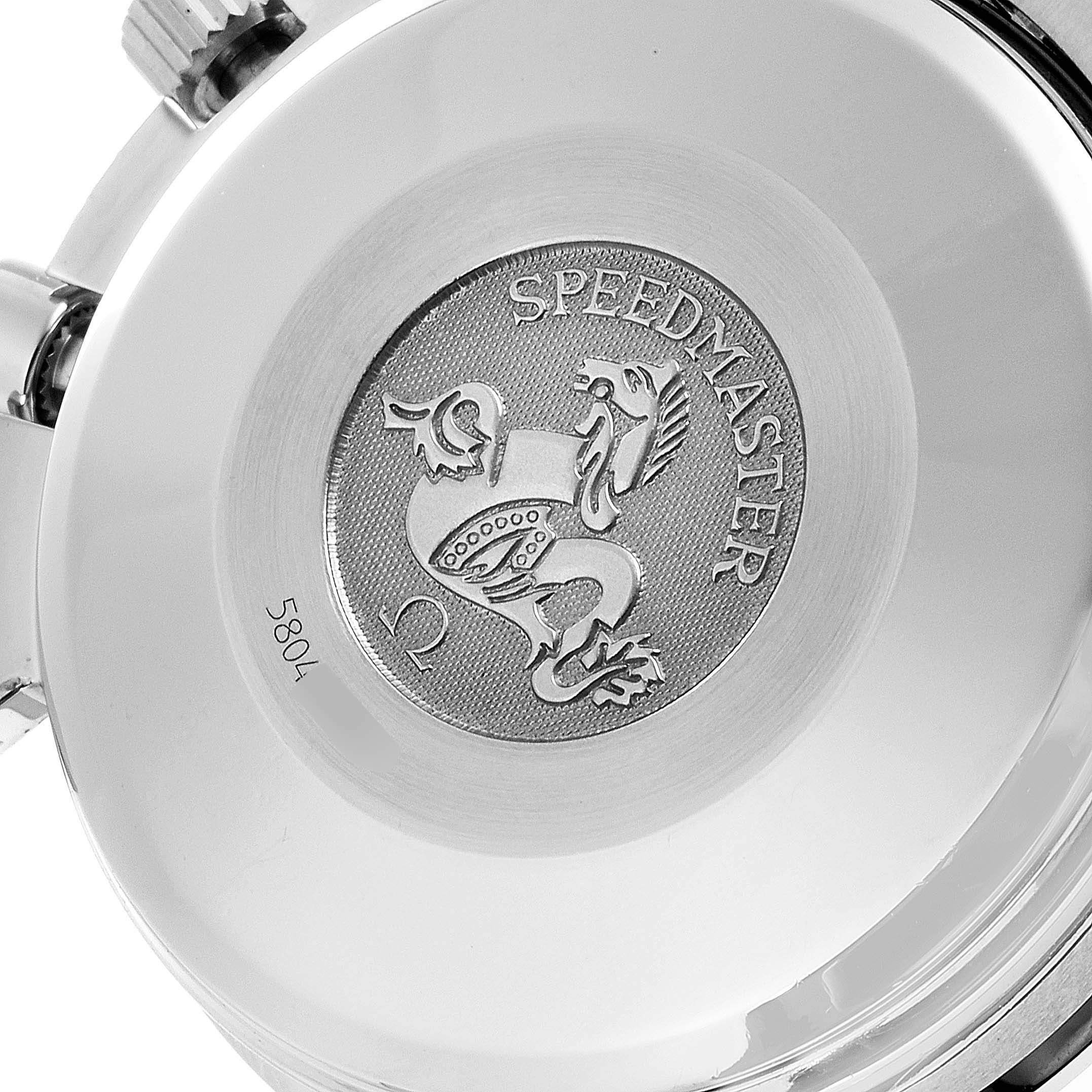 The image shows the engraved back case of the Omega Speedmaster 3513.82.00 Men's Stainless Steel Blue Dial 3513.82.00 Men's Stainless Steel Blue Dial watch, featuring the model logo and insignia.