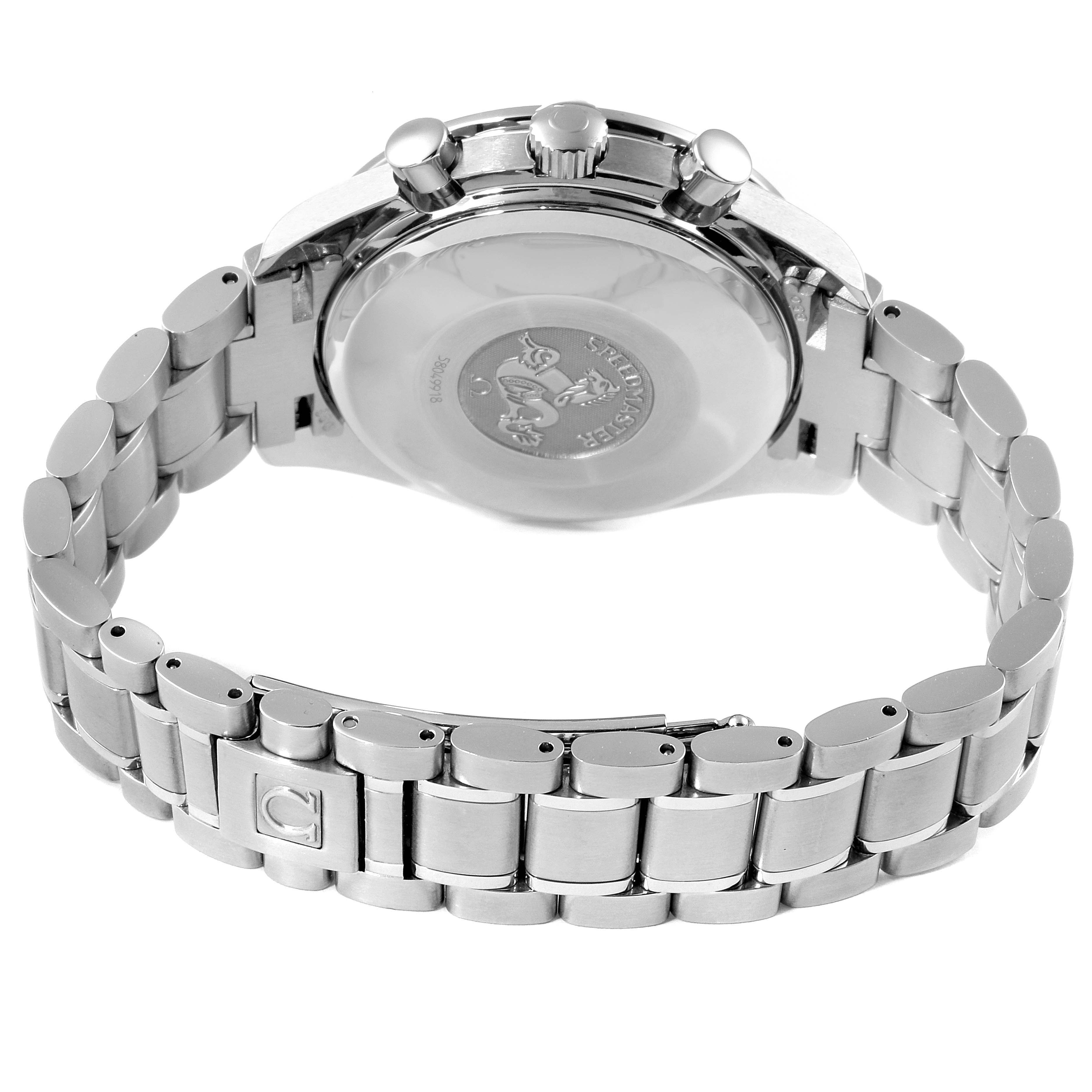 The image shows the back and side views of an Omega Speedmaster 3513.82.00 Men's Stainless Steel Blue Dial 3513.82.00 Men's Stainless Steel Blue Dial watch, focusing on the case back, bracelet, and clasp.