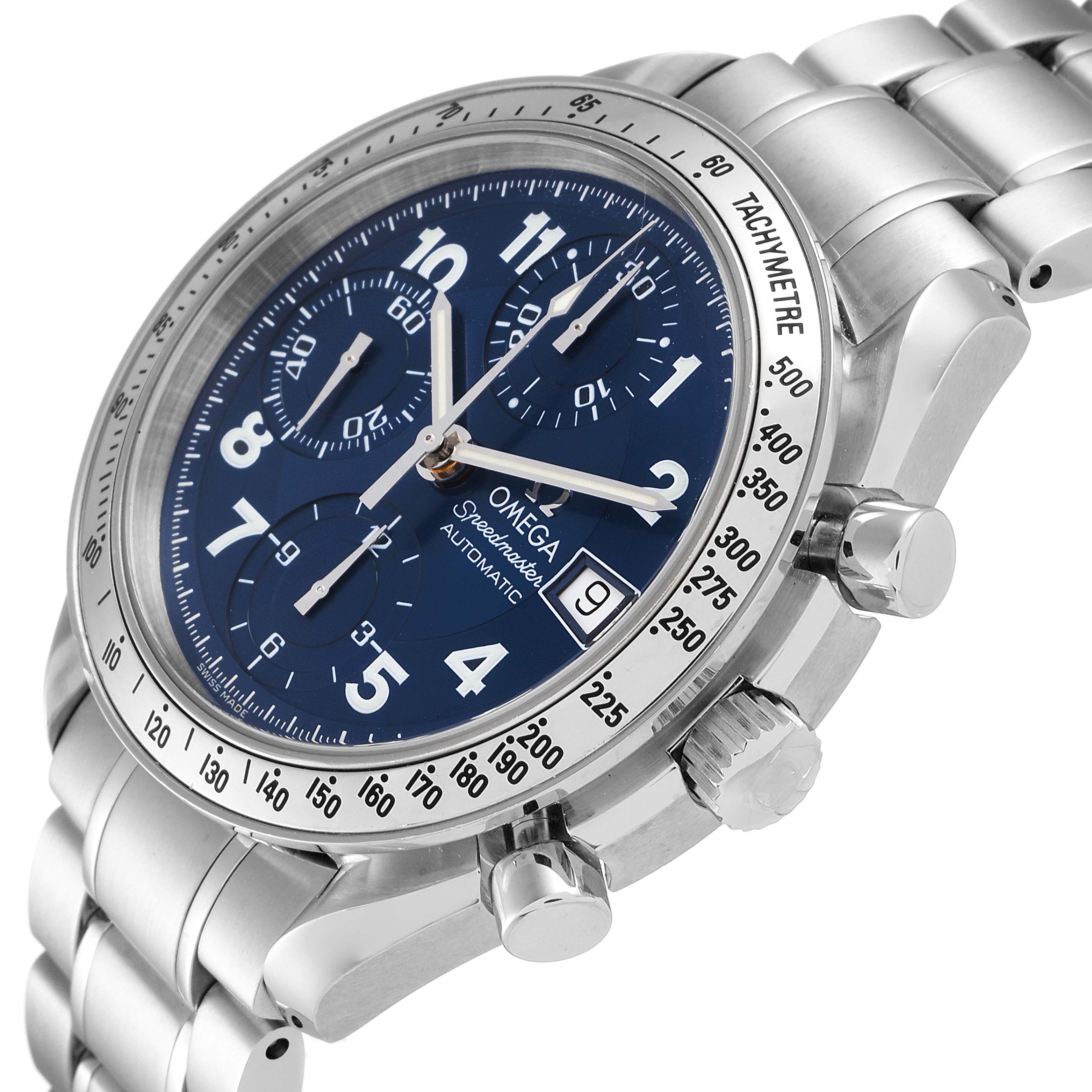 The image shows a side angle of the Omega Speedmaster 3513.82.00 Men's Stainless Steel Blue Dial 3513.82.00 Men's Stainless Steel Blue Dial watch highlighting its bezel, dial, tachymeter, and bracelet.