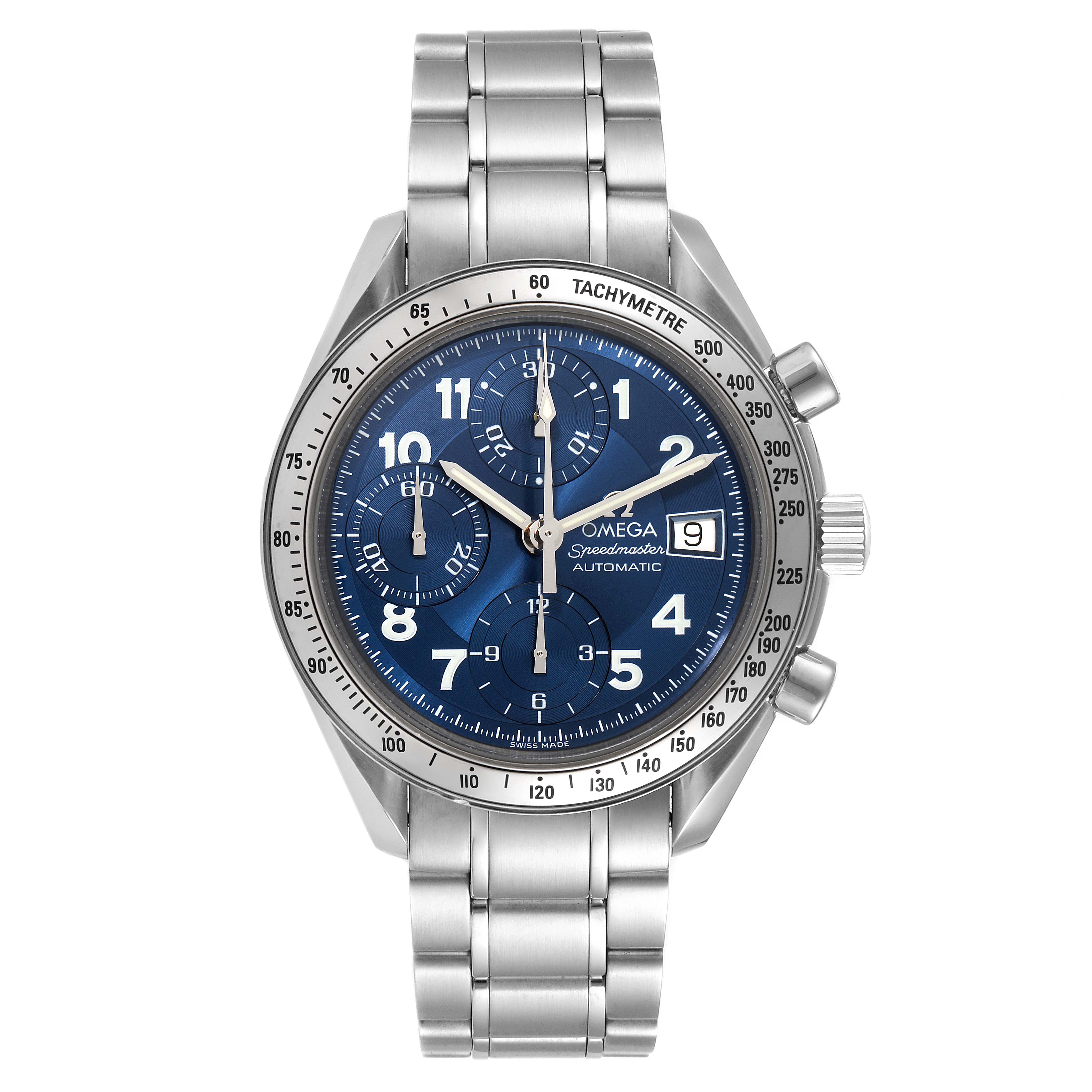 The Omega Speedmaster 3513.82.00 Men's Stainless Steel Blue Dial 3513.82.00 Men's Stainless Steel Blue Dial watch is shown from the front, displaying its face, bezel, and metal bracelet.