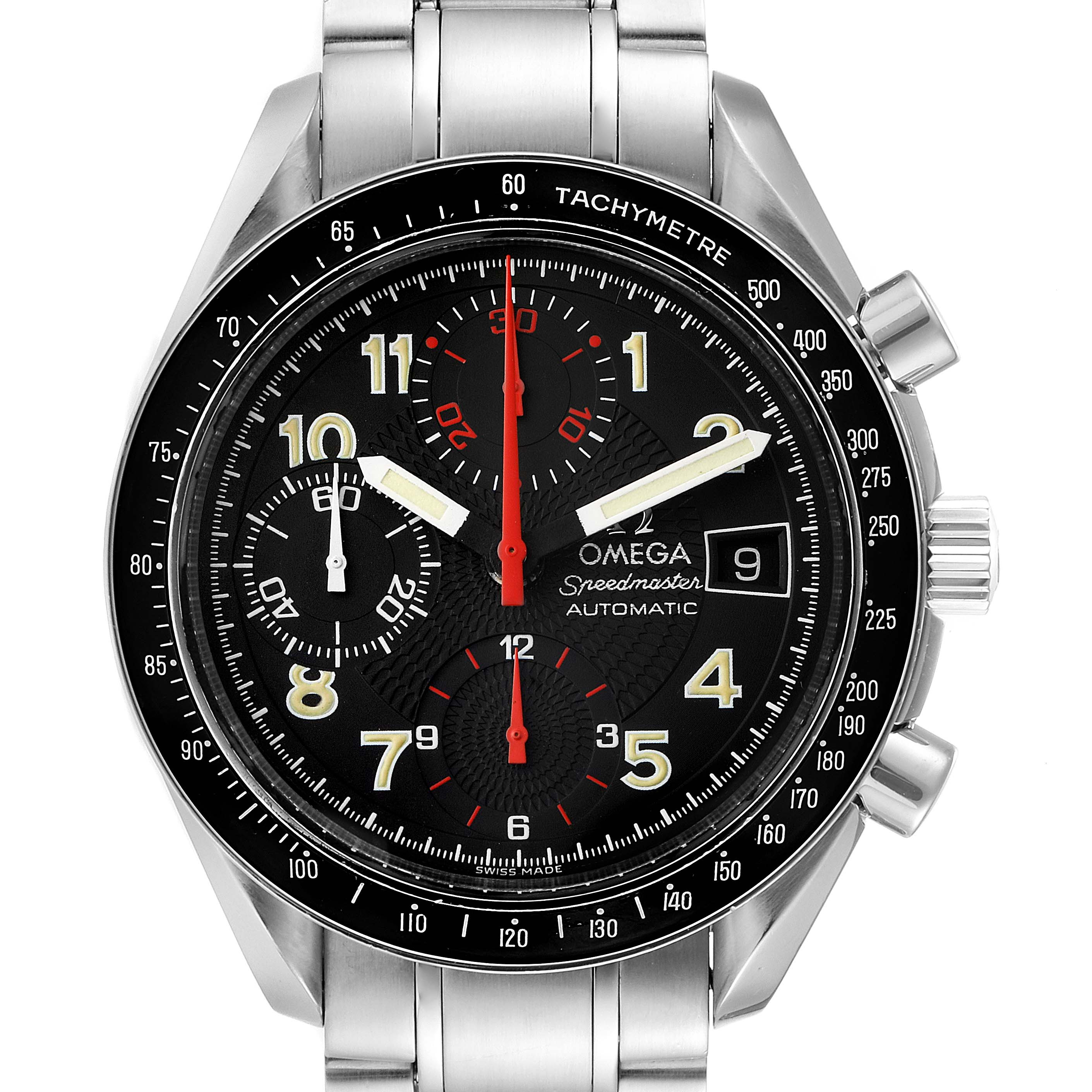This image shows a close-up of the Omega Speedmaster 3513.53.00 Men
s Stainless Steel Black Dial 3513.53.00 Men
s Stainless Steel Black Dial watch, featuring the dial, bezel, and part of the stainless steel bracelet.