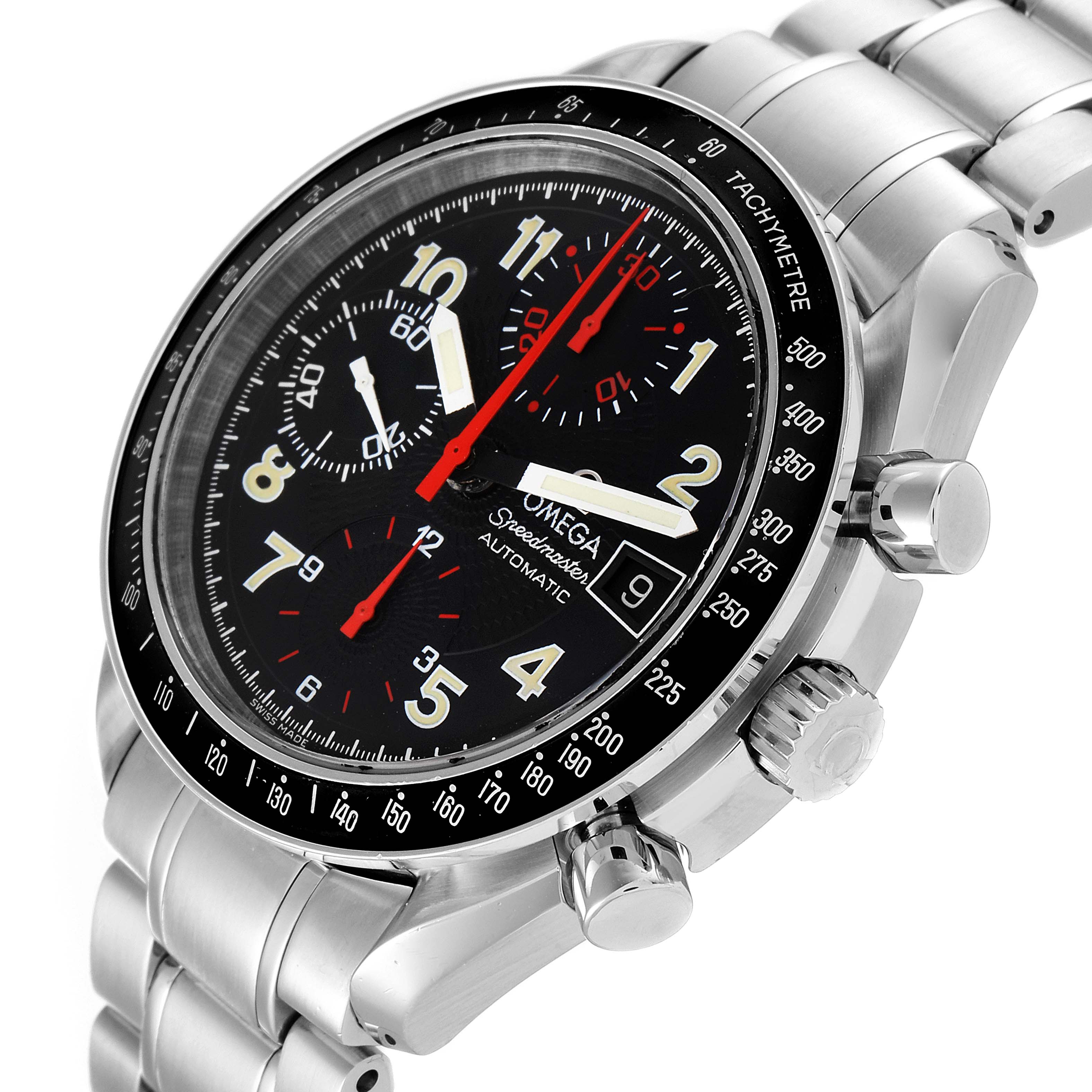 This angled shot of the Omega Speedmaster 3513.53.00 Men
s Stainless Steel Black Dial 3513.53.00 Men
s Stainless Steel Black Dial watch displays the face, bezel, crown, and part of the metal bracelet.