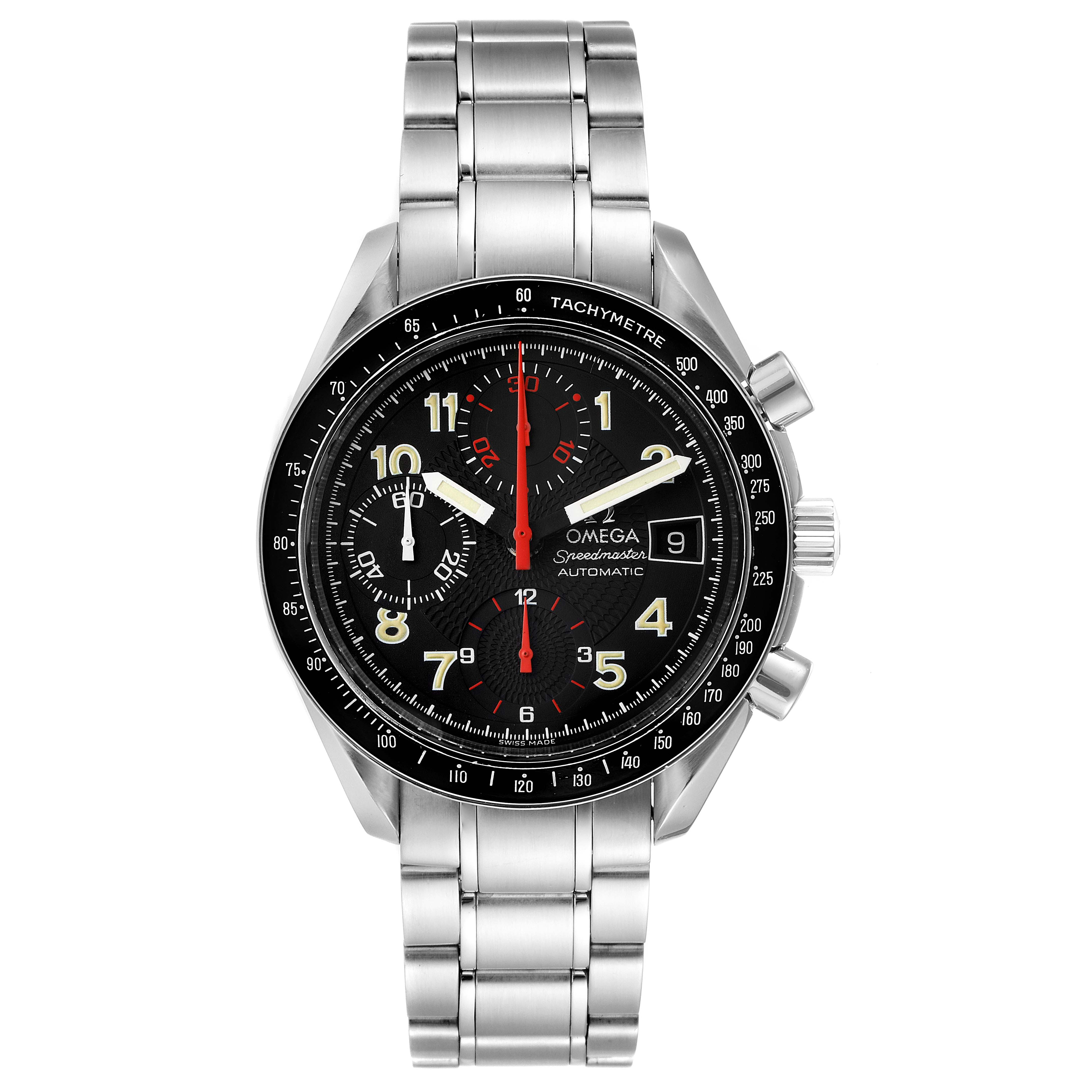 The Omega Speedmaster 3513.53.00 Men
s Stainless Steel Black Dial 3513.53.00 Men
s Stainless Steel Black Dial watch is shown from a straight-on angle, highlighting the face, bezel, and metal bracelet.