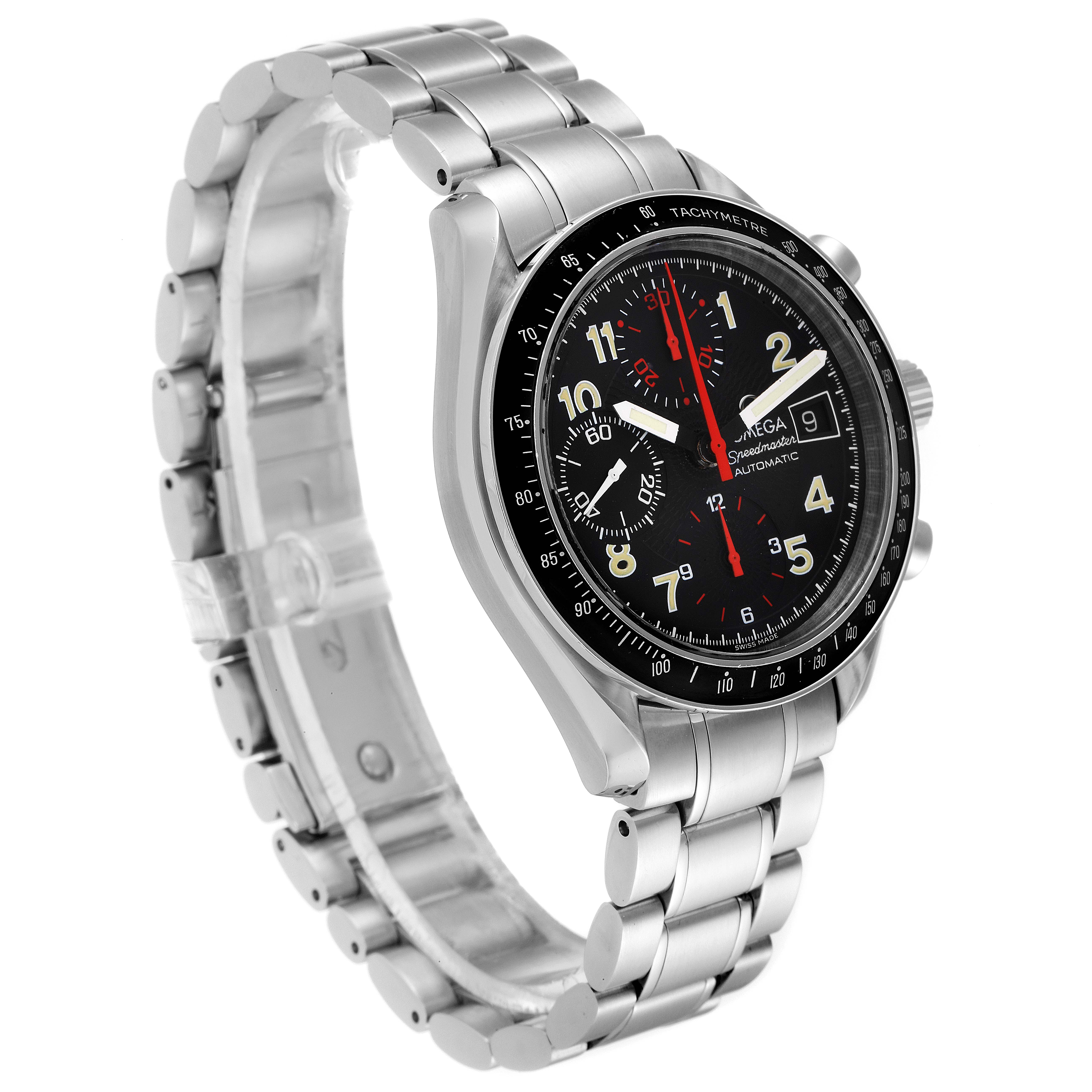 The Omega Speedmaster 3513.53.00 Men
s Stainless Steel Black Dial 3513.53.00 Men
s Stainless Steel Black Dial watch is shown at a side angle, highlighting its stainless steel bracelet and black dial with chronograph subdials.