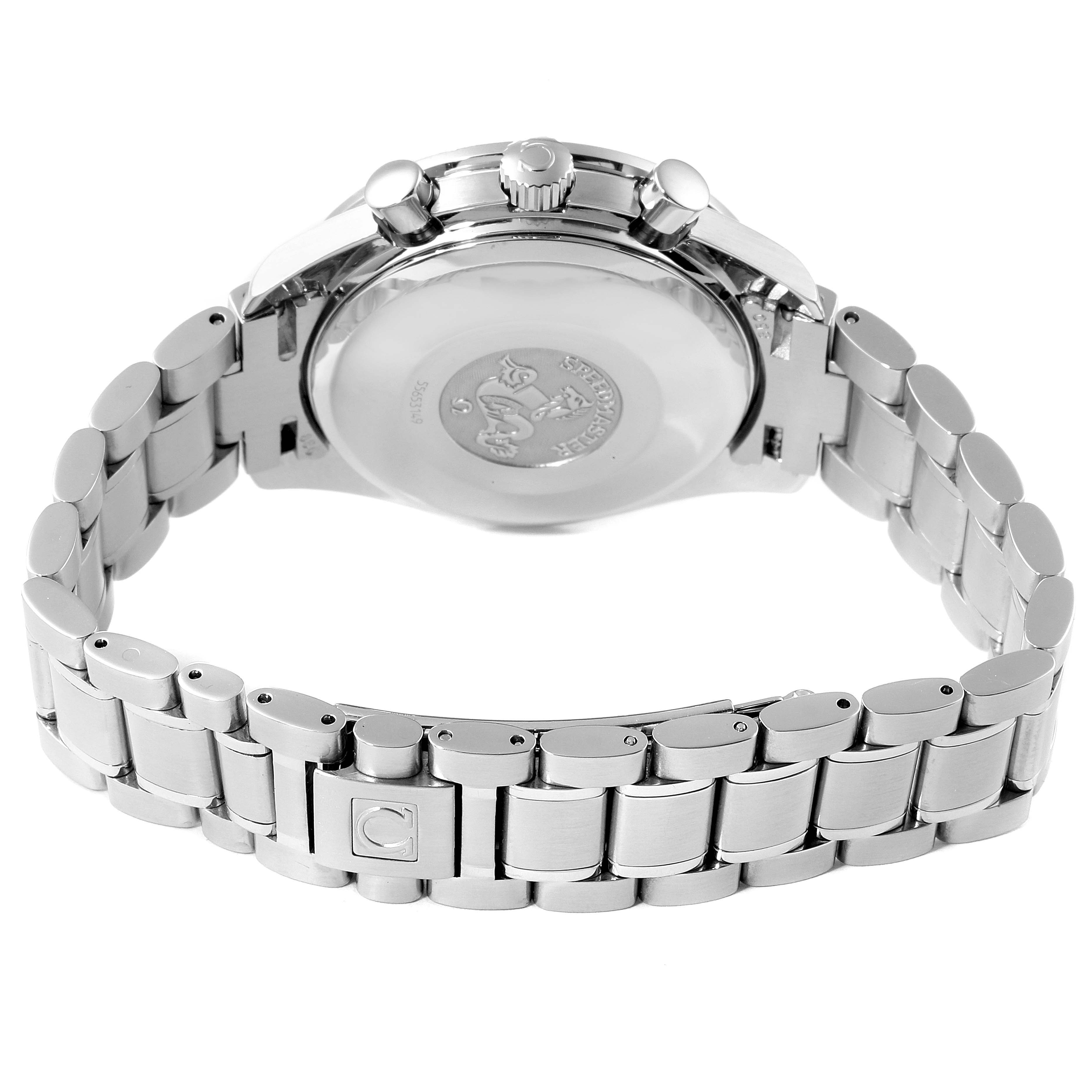 The image shows the back and bracelet of an Omega Speedmaster 3513.53.00 Men
s Stainless Steel Black Dial 3513.53.00 Men
s Stainless Steel Black Dial watch, highlighting the engraved case back and clasp.