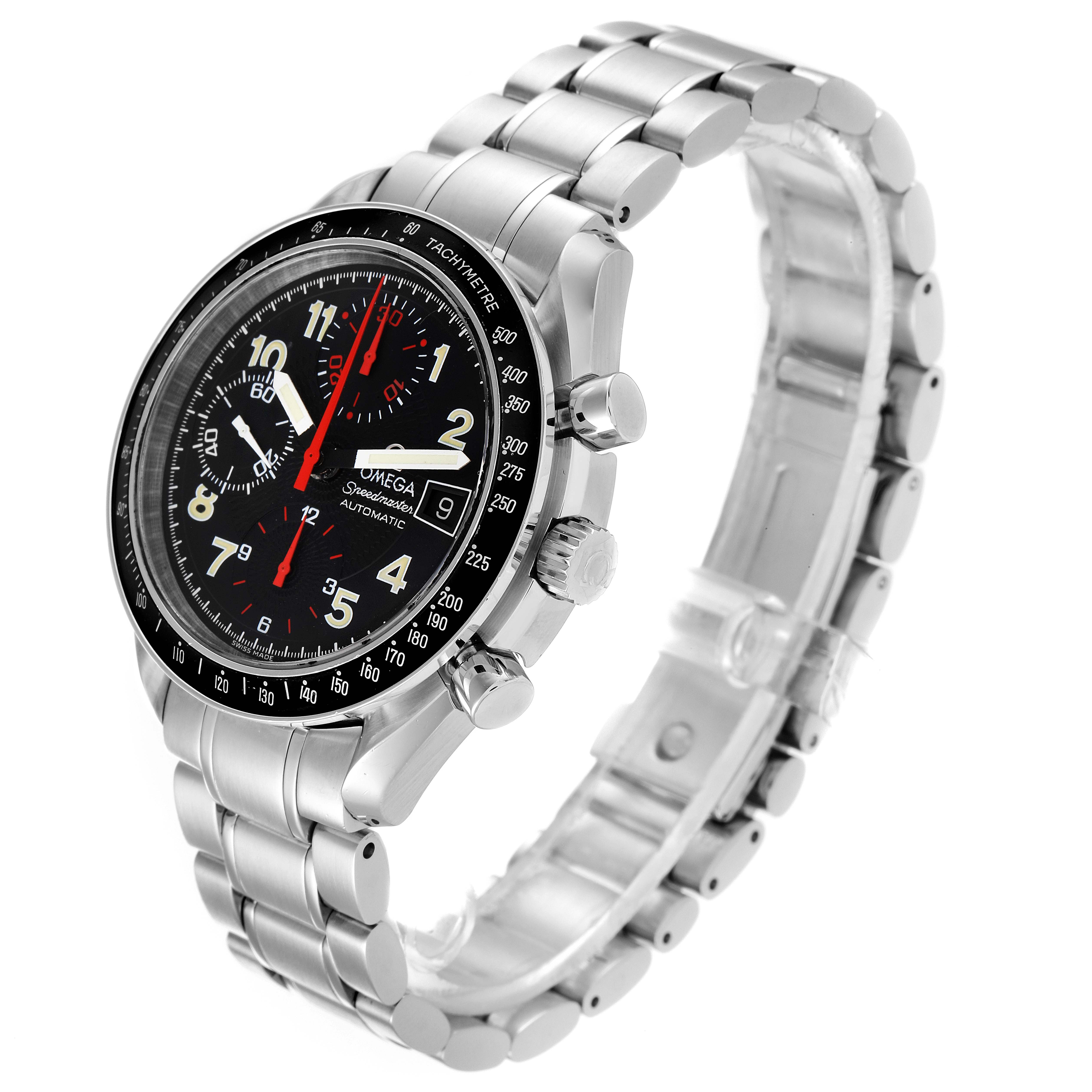 The image shows an Omega Speedmaster 3513.53.00 Men
s Stainless Steel Black Dial 3513.53.00 Men
s Stainless Steel Black Dial watch at a three-quarter angle, highlighting its face, tachymeter bezel, and stainless steel bracelet.