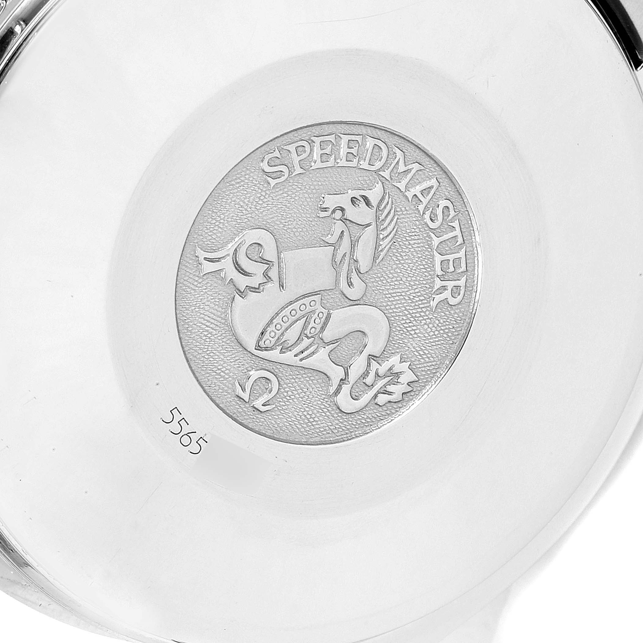 This image shows the case back of an Omega Speedmaster 3513.53.00 Men
s Stainless Steel Black Dial 3513.53.00 Men
s Stainless Steel Black Dial, featuring the Speedmaster logo and serial number.