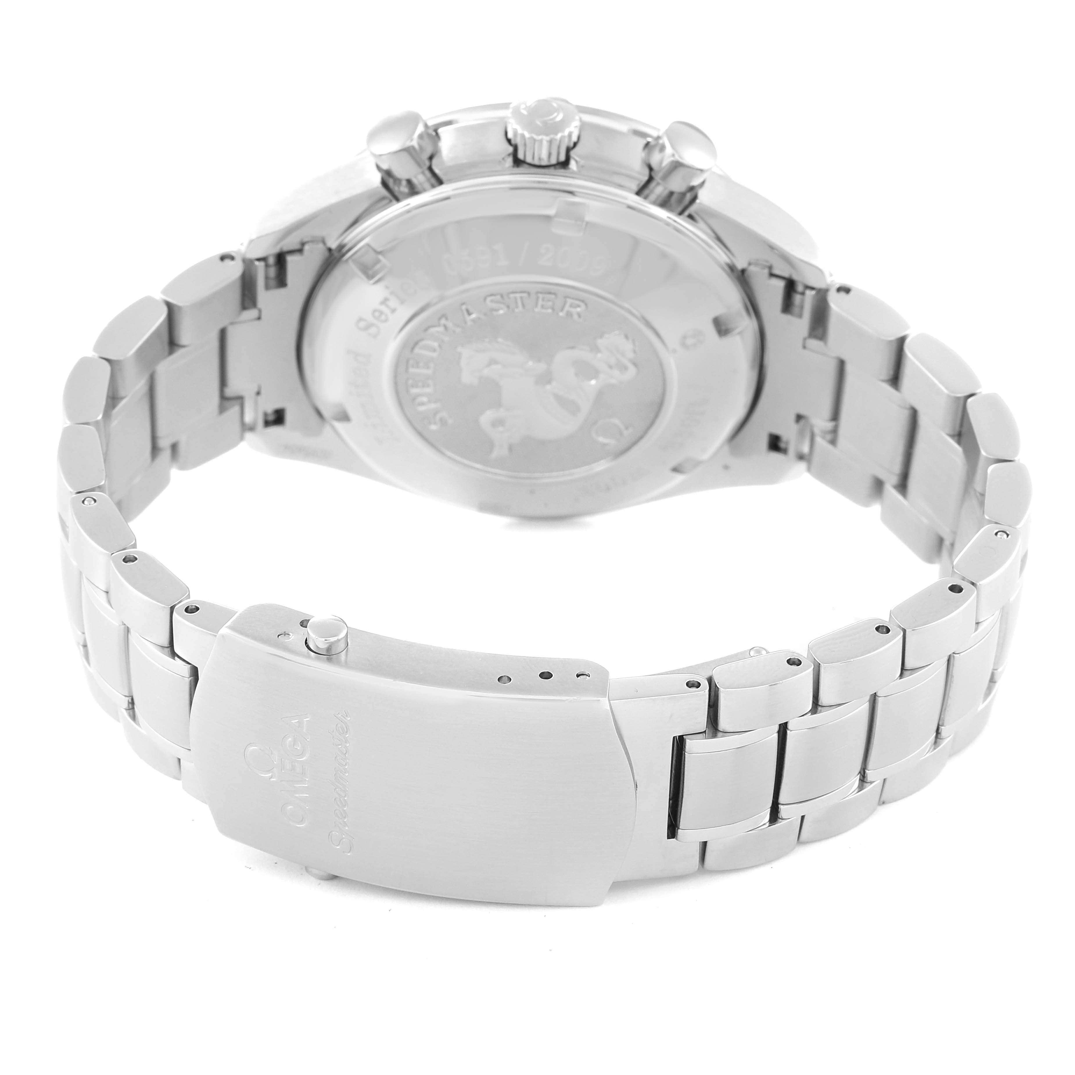 This photo shows the back view of the Omega Speedmaster 323.30.40.40.02.001 Men's Stainless Steel White Dial 323.30.40.40.02.001 Men's Stainless Steel White Dial watch, highlighting the case back, crown, pushers, and bracelet clasp.