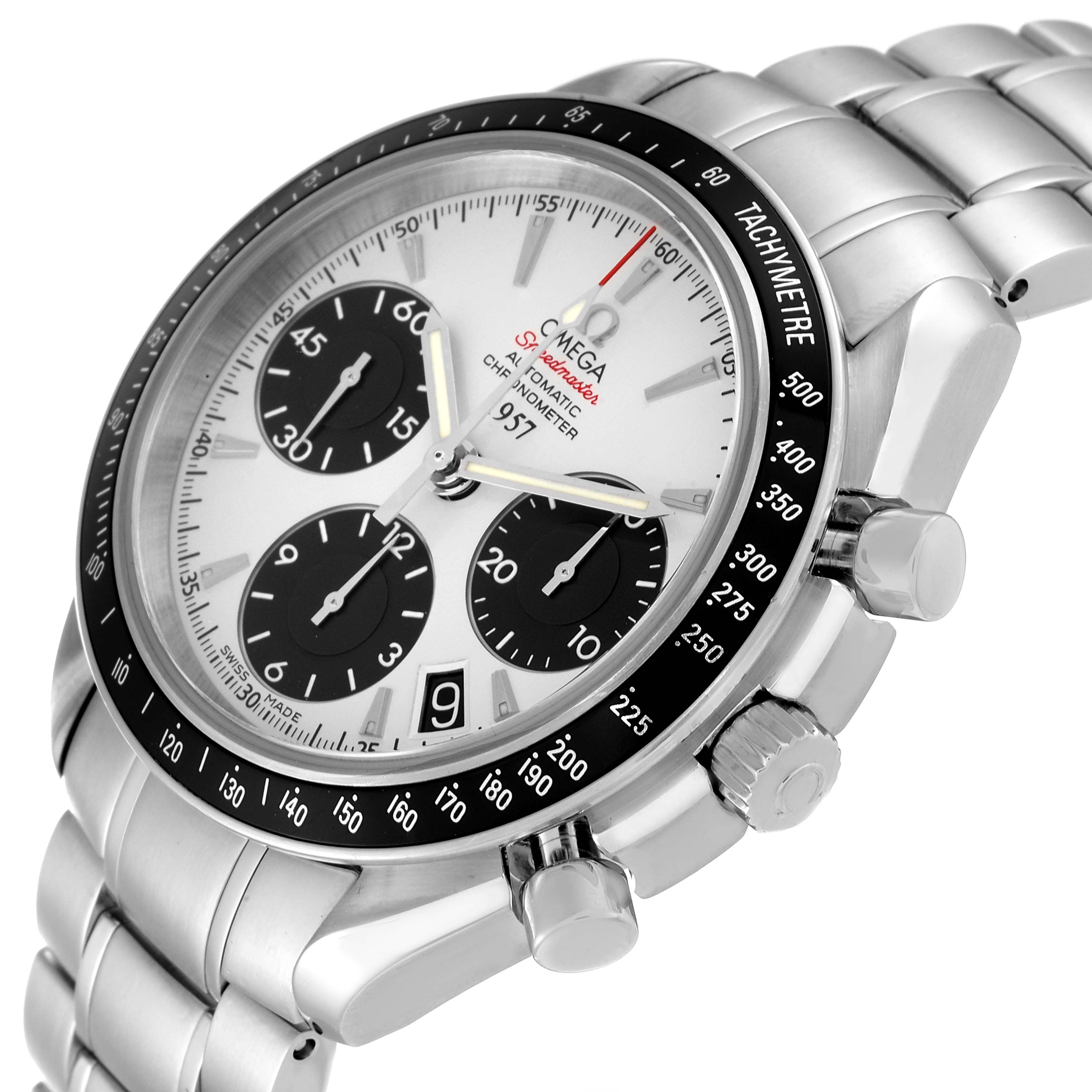 The image shows an Omega Speedmaster 323.30.40.40.02.001 Men's Stainless Steel White Dial 323.30.40.40.02.001 Men's Stainless Steel White Dial watch from a front-side angle, highlighting its face, chronograph subdials, bezel, and bracelet.