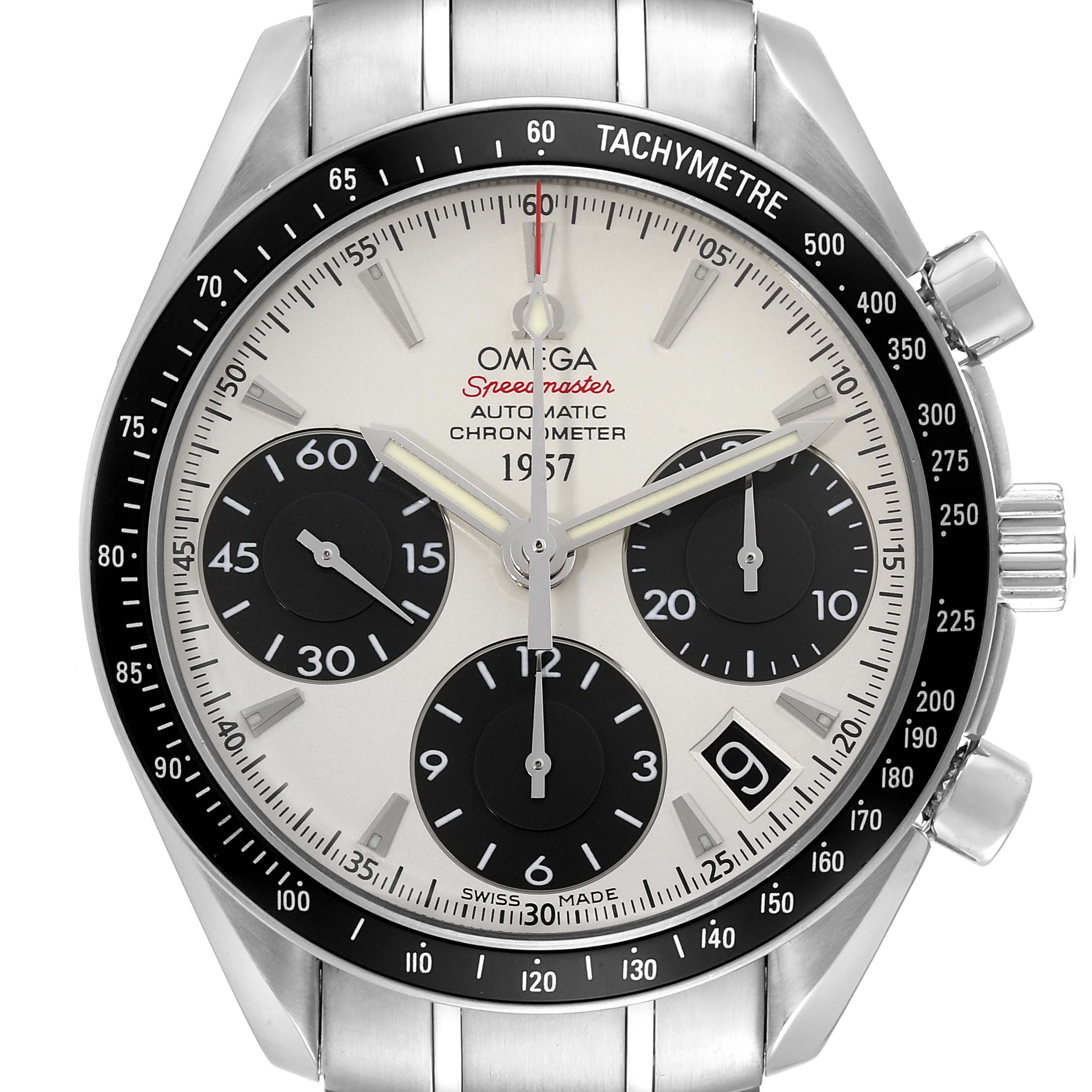The image shows a front view of the Omega Speedmaster 323.30.40.40.02.001 Men's Stainless Steel White Dial 323.30.40.40.02.001 Men's Stainless Steel White Dial watch, highlighting its dial, subdials, tachymeter bezel, and metal strap.