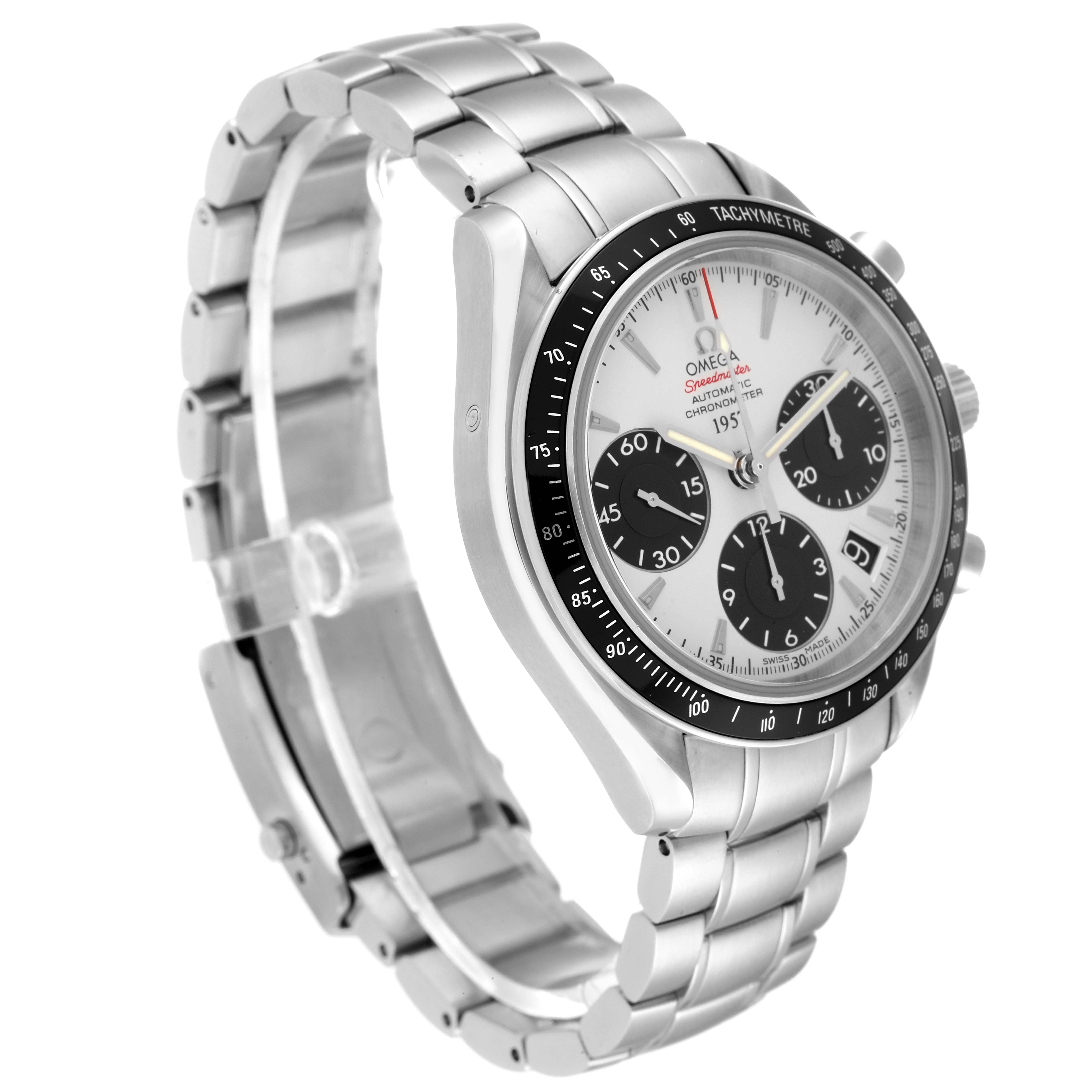 The Omega Speedmaster 323.30.40.40.02.001 Men's Stainless Steel White Dial 323.30.40.40.02.001 Men's Stainless Steel White Dial watch is shown in a three-quarter angle, displaying its dial, tachymeter bezel, and stainless steel bracelet.