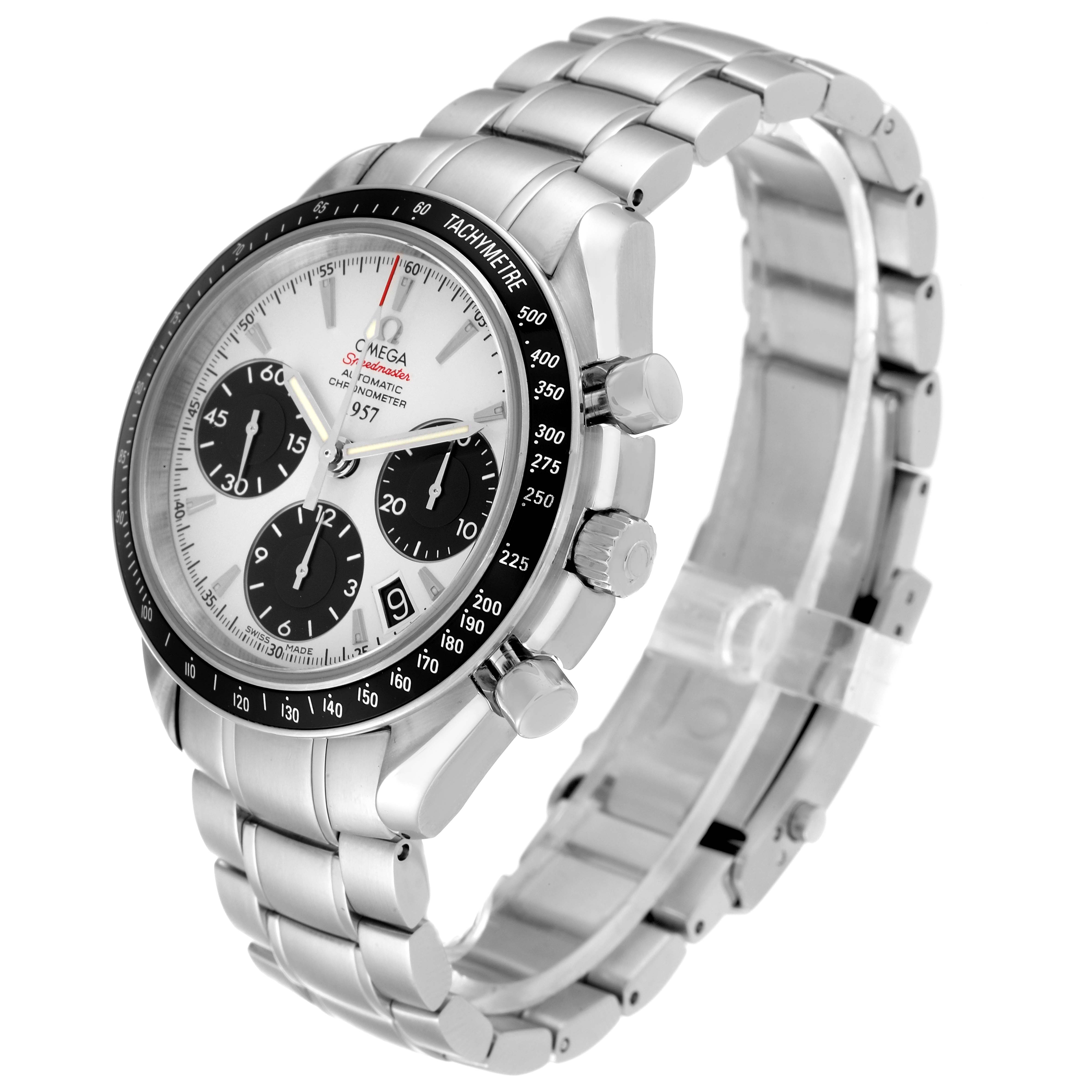 The Omega Speedmaster 323.30.40.40.02.001 Men's Stainless Steel White Dial 323.30.40.40.02.001 Men's Stainless Steel White Dial watch is shown at an angle displaying the face, tachymeter bezel, pushers, and stainless steel bracelet.