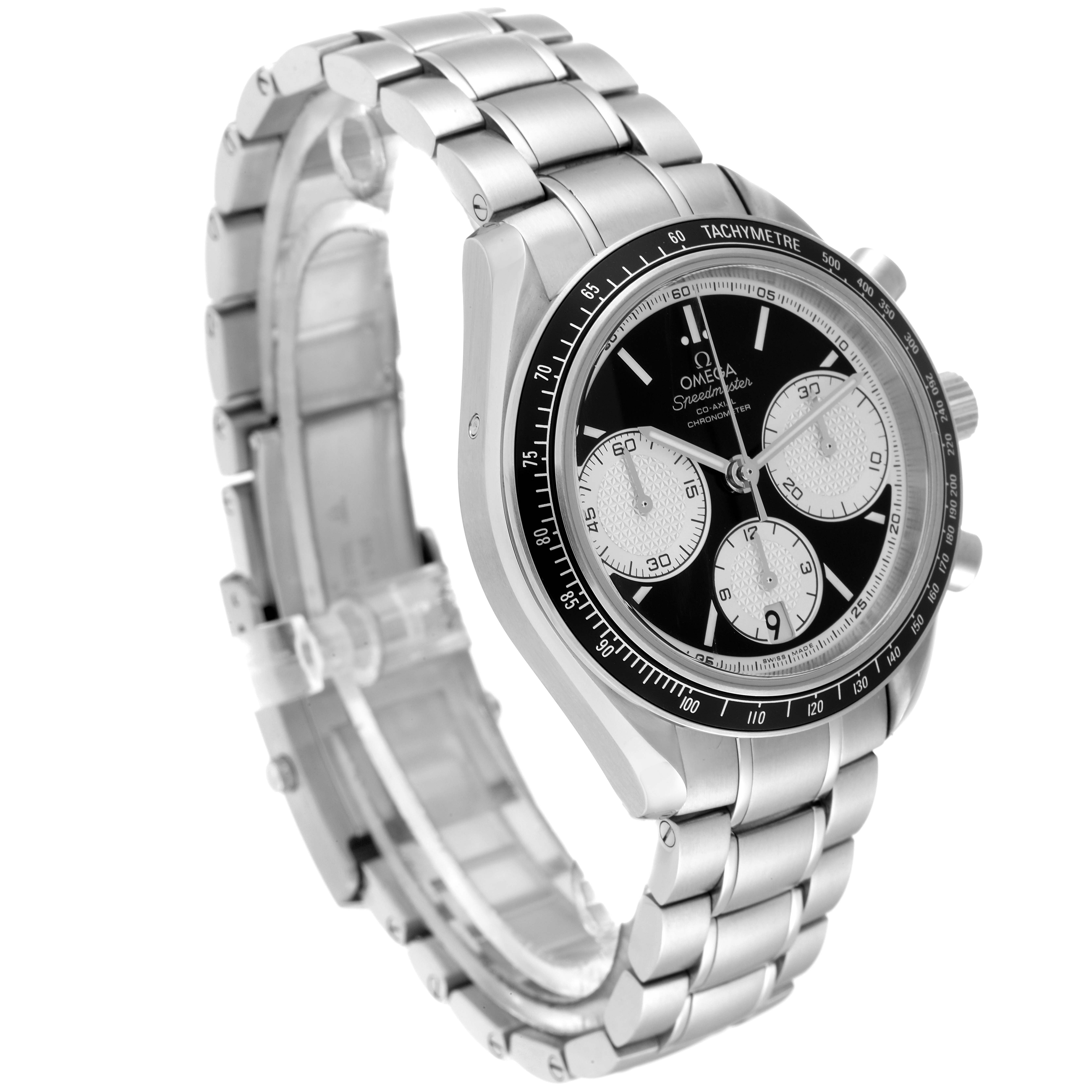 The image shows a side angle of an Omega Speedmaster 326.30.40.50.01.002 Men
s Stainless Steel Black Dial 326.30.40.50.01.002 Men
s Stainless Steel Black Dial watch, displaying its bracelet, case, and dial with chronograph features.