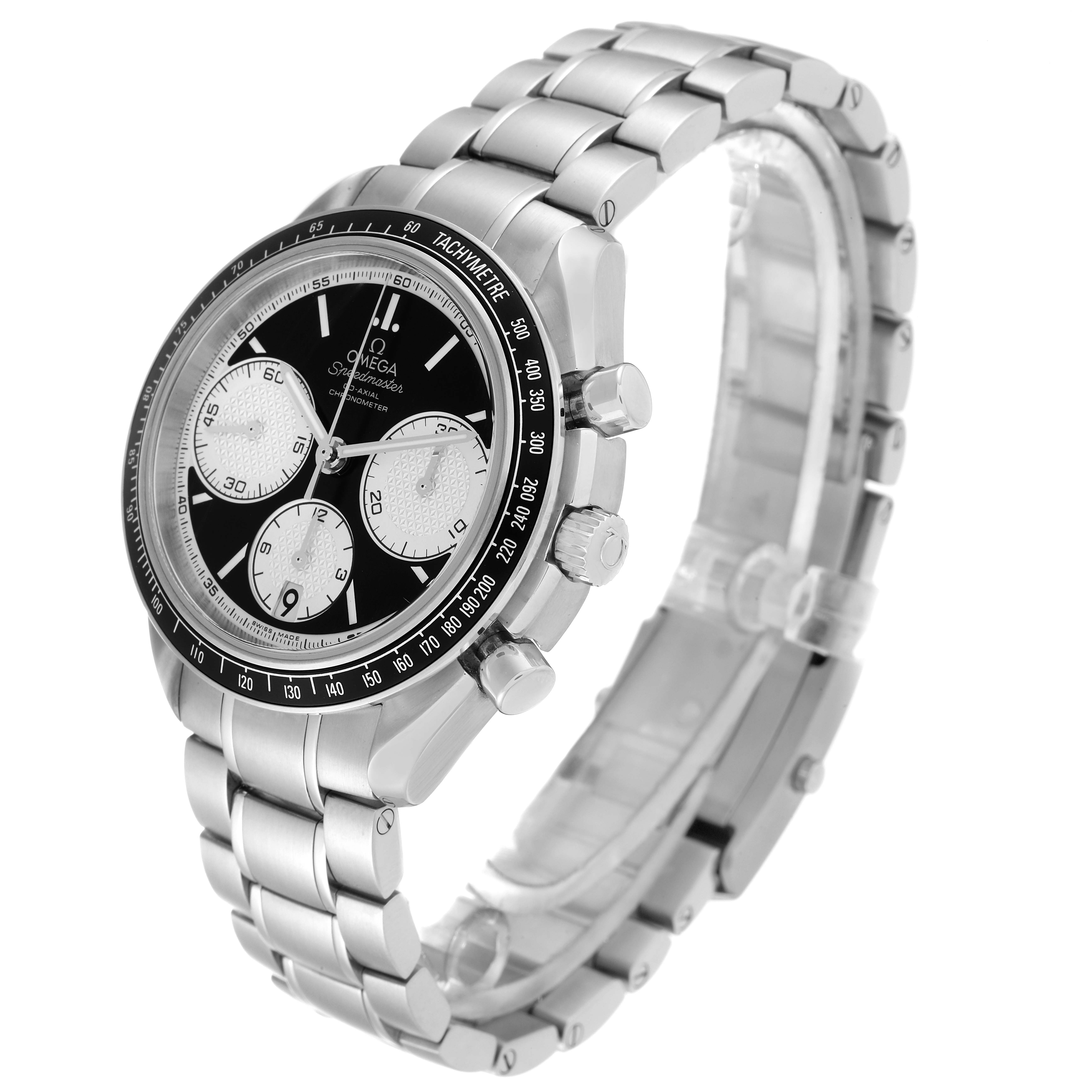 The image shows the Omega Speedmaster 326.30.40.50.01.002 Men
s Stainless Steel Black Dial 326.30.40.50.01.002 Men
s Stainless Steel Black Dial watch at a slight side angle, highlighting the face, bezel, and bracelet.