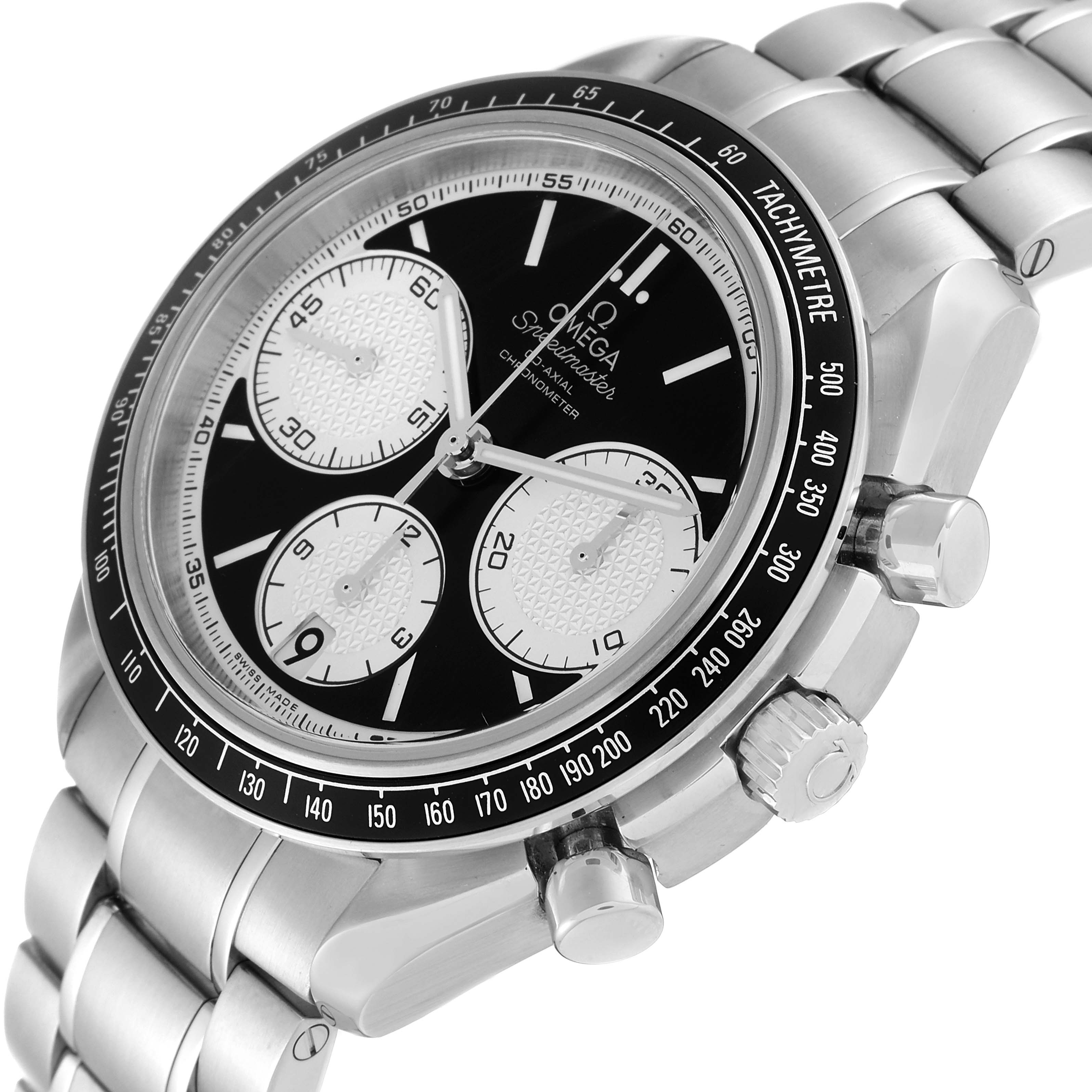 The Omega Speedmaster 326.30.40.50.01.002 Men
s Stainless Steel Black Dial 326.30.40.50.01.002 Men
s Stainless Steel Black Dial watch is shown at a three-quarter angle, highlighting its dial, tachymeter bezel, bracelet, and pushers.