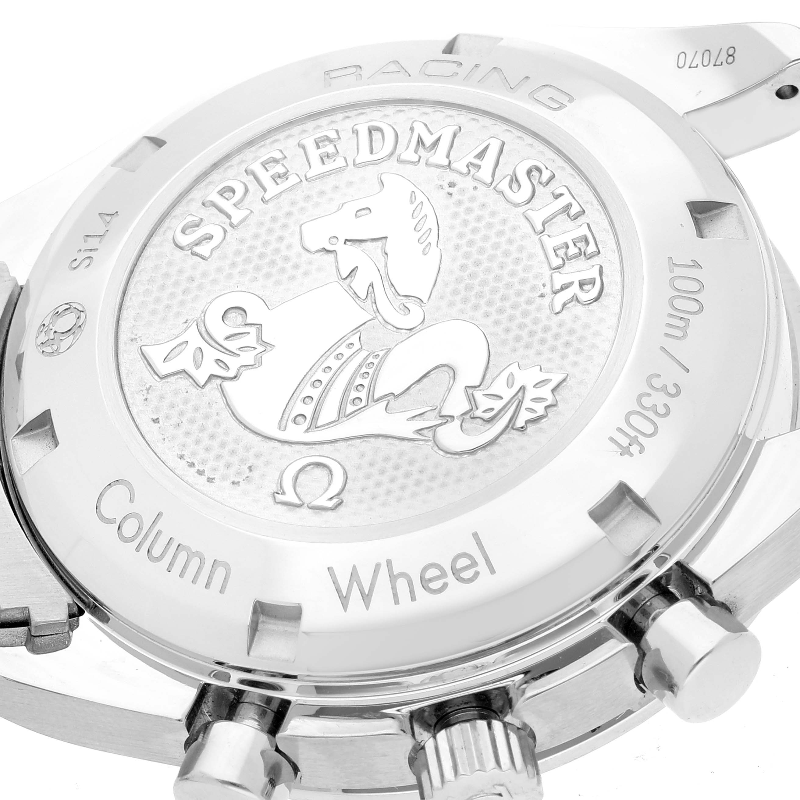 The image shows the back case of an Omega Speedmaster 326.30.40.50.01.002 Men
s Stainless Steel Black Dial 326.30.40.50.01.002 Men
s Stainless Steel Black Dial watch, highlighting its engraving and chronograph pushers.