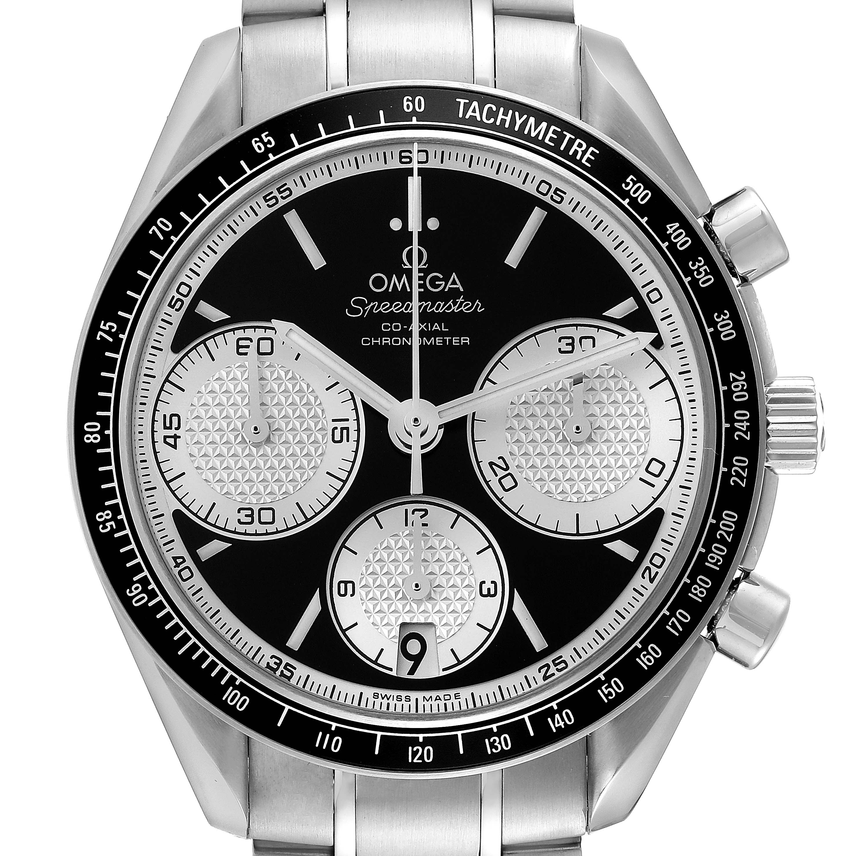 This image shows a frontal view of an Omega Speedmaster 326.30.40.50.01.002 Men
s Stainless Steel Black Dial 326.30.40.50.01.002 Men
s Stainless Steel Black Dial watch, highlighting the dial, subdials, and tachymeter bezel.