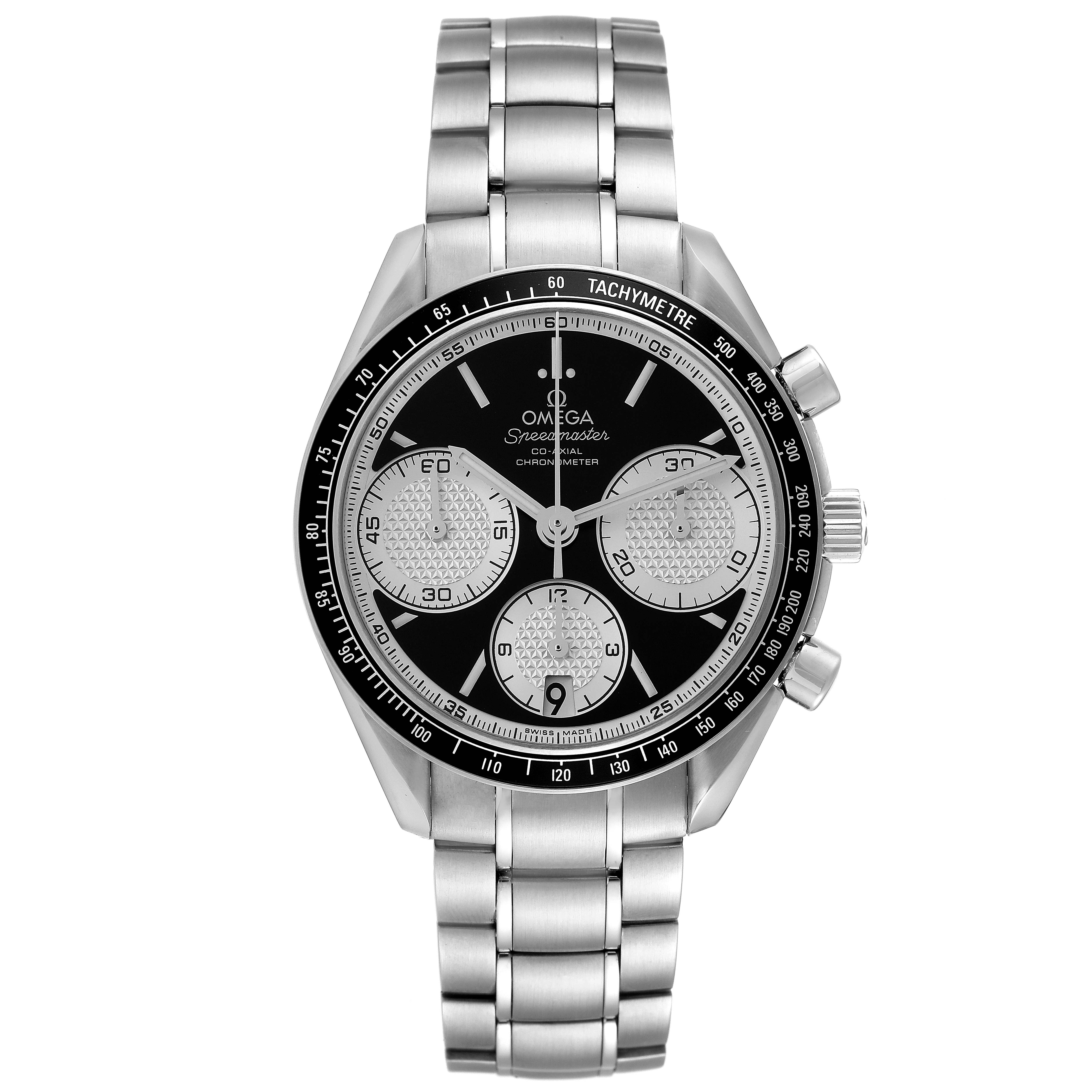 The image shows a front view of the Omega Speedmaster 326.30.40.50.01.002 Men
s Stainless Steel Black Dial 326.30.40.50.01.002 Men
s Stainless Steel Black Dial watch, highlighting its dial and stainless steel bracelet.