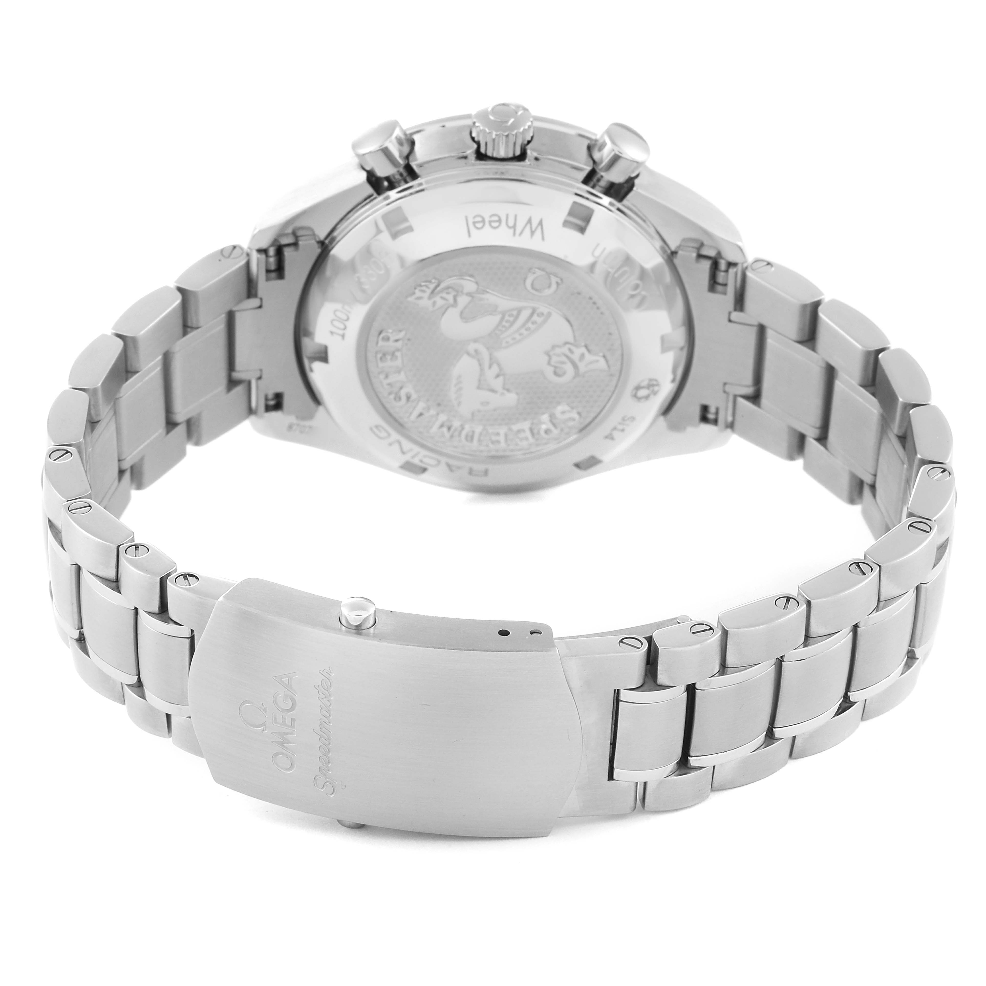 This image shows the back case and bracelet of the Omega Speedmaster 326.30.40.50.01.002 Men
s Stainless Steel Black Dial 326.30.40.50.01.002 Men
s Stainless Steel Black Dial watch, displaying the engravings and clasp.