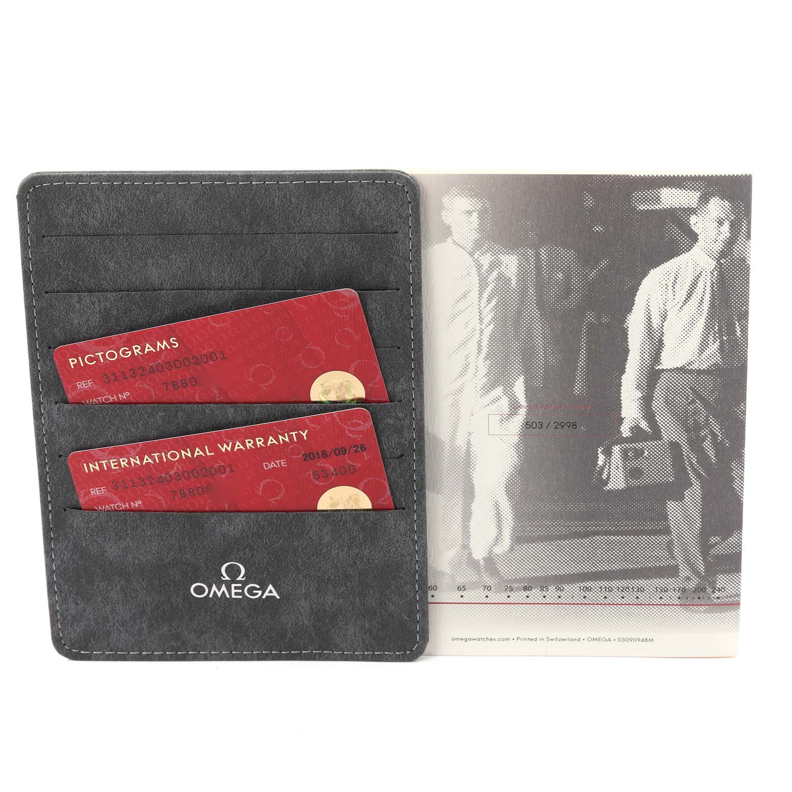 The image shows Omega Speedmaster 311.32.40.30.02.001 Men's Stainless Steel Silver Dial watch accessories including a cardholder with pictograms and an international warranty card.