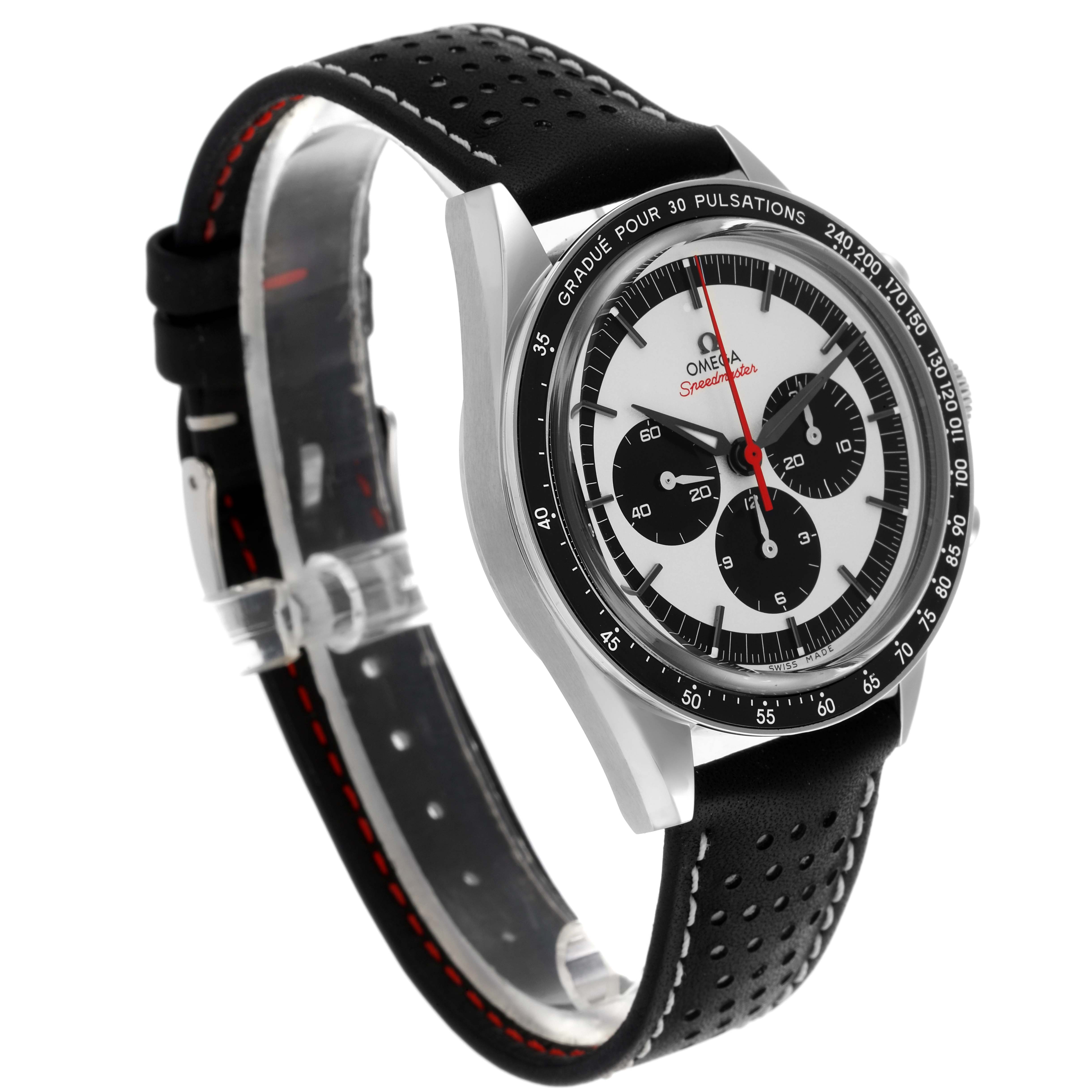 The Omega Speedmaster 311.32.40.30.02.001 Men's Stainless Steel Silver Dial watch is shown at a 3/4 angle, highlighting the face, bezel, and black perforated strap.