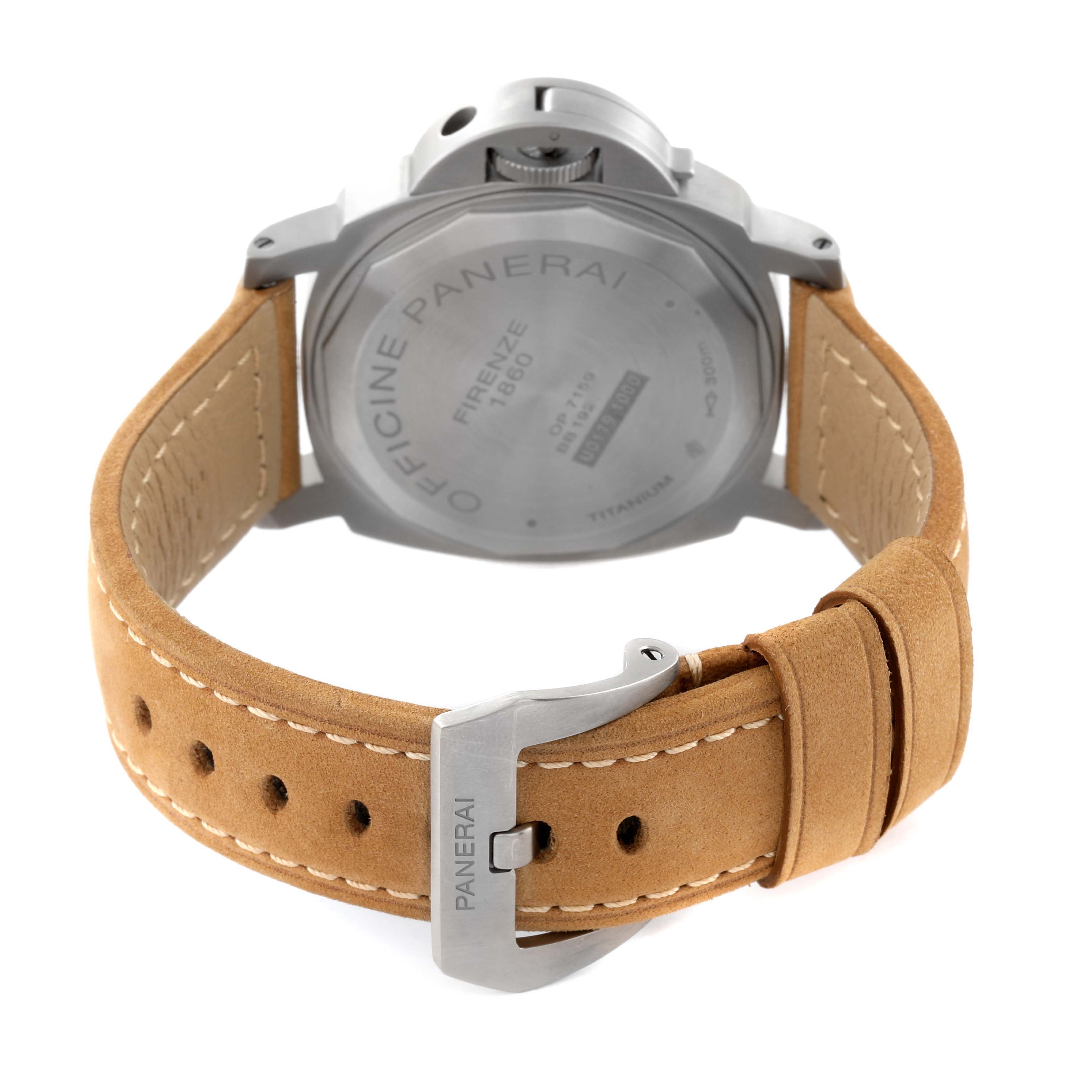 The image shows the back view of a Panerai Luminor PAM00797 Men's Titanium Brown Dial PAM00797 Men's Titanium Brown Dial watch, highlighting the case back, beige leather strap, and branded buckle.