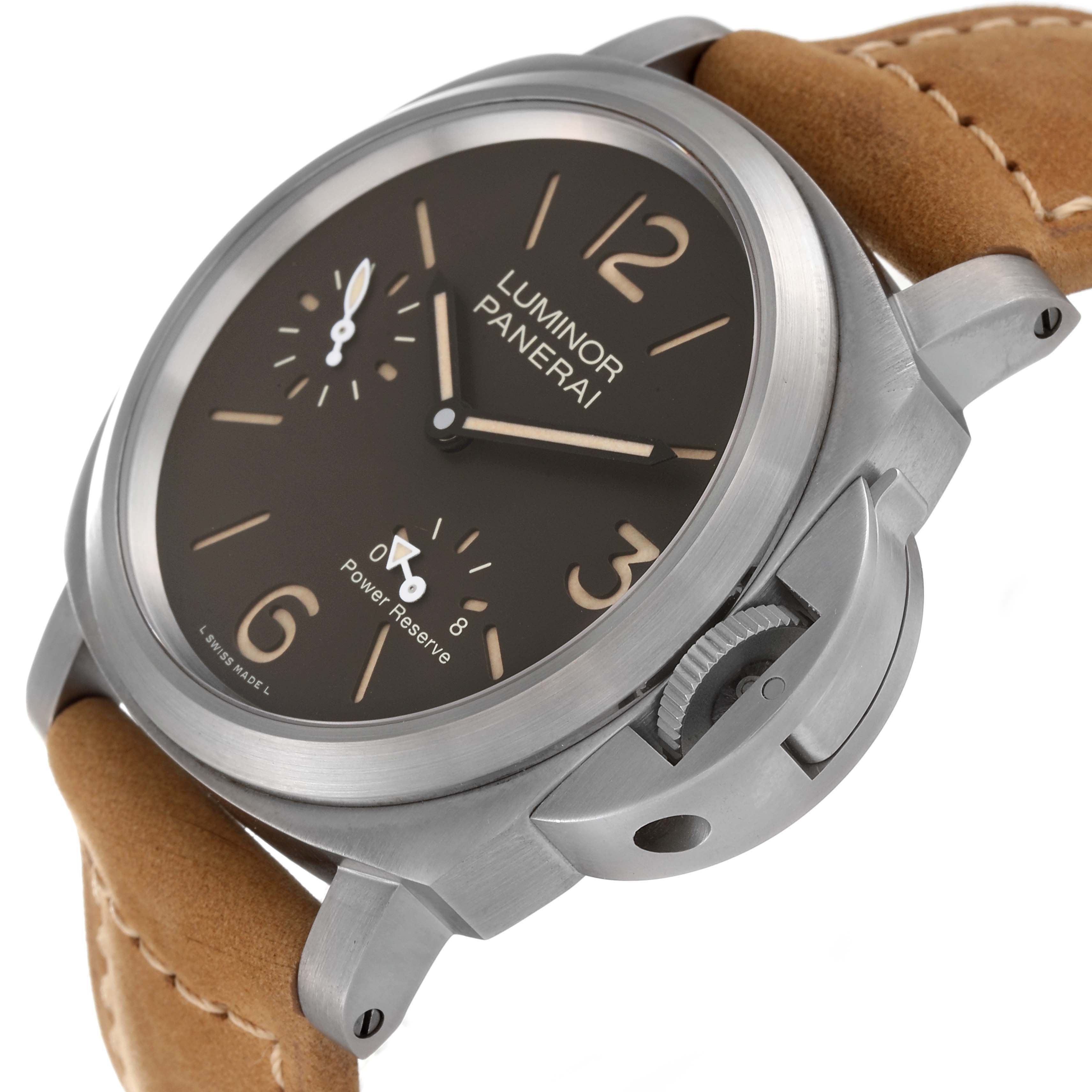 The image shows a side angle of the Panerai Luminor PAM00797 Men's Titanium Brown Dial PAM00797 Men's Titanium Brown Dial watch, highlighting its dial, crown, and leather strap.
