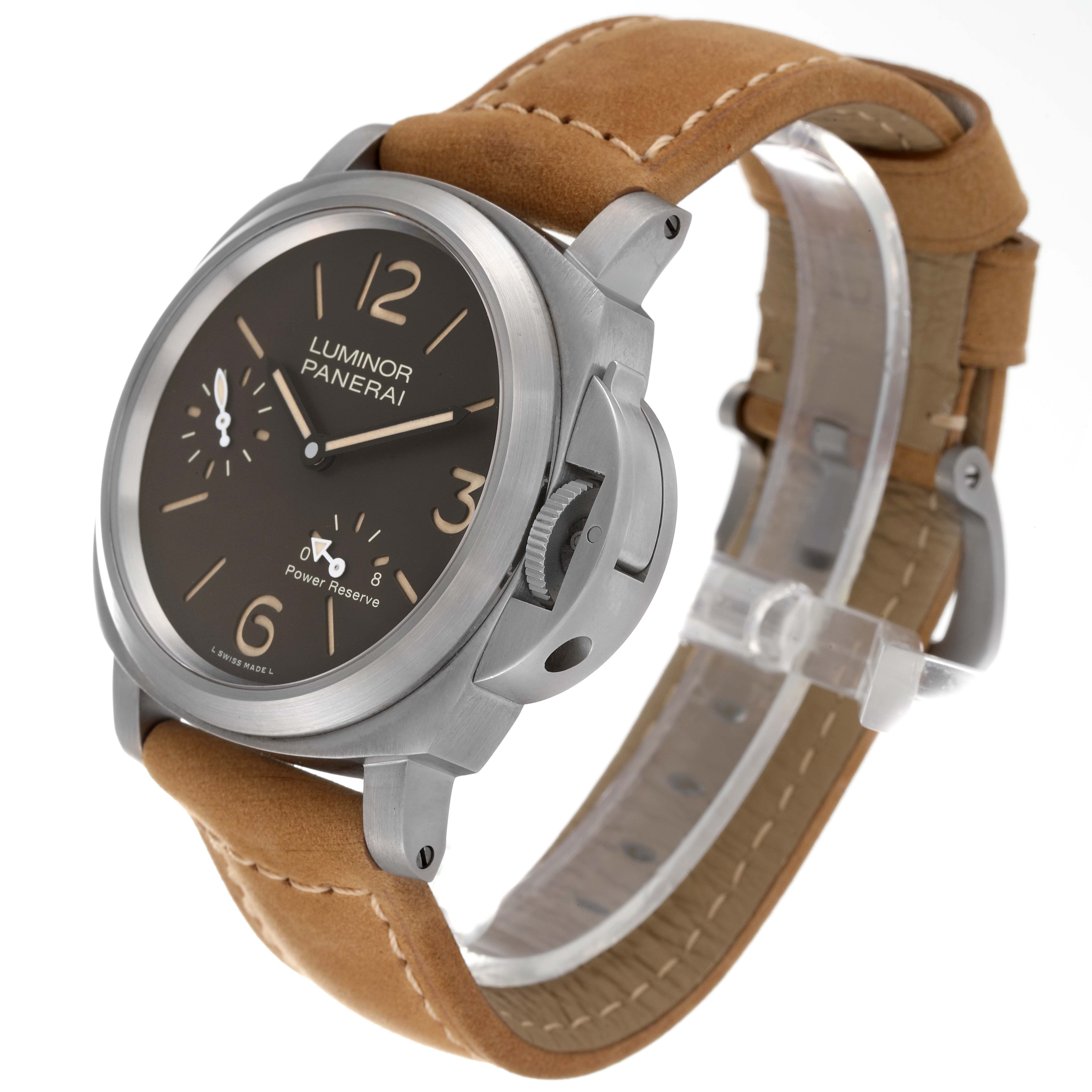 The image shows a Panerai Luminor PAM00797 Men's Titanium Brown Dial PAM00797 Men's Titanium Brown Dial watch at an angled side view, highlighting its dial, case, crown guard, and brown leather strap.