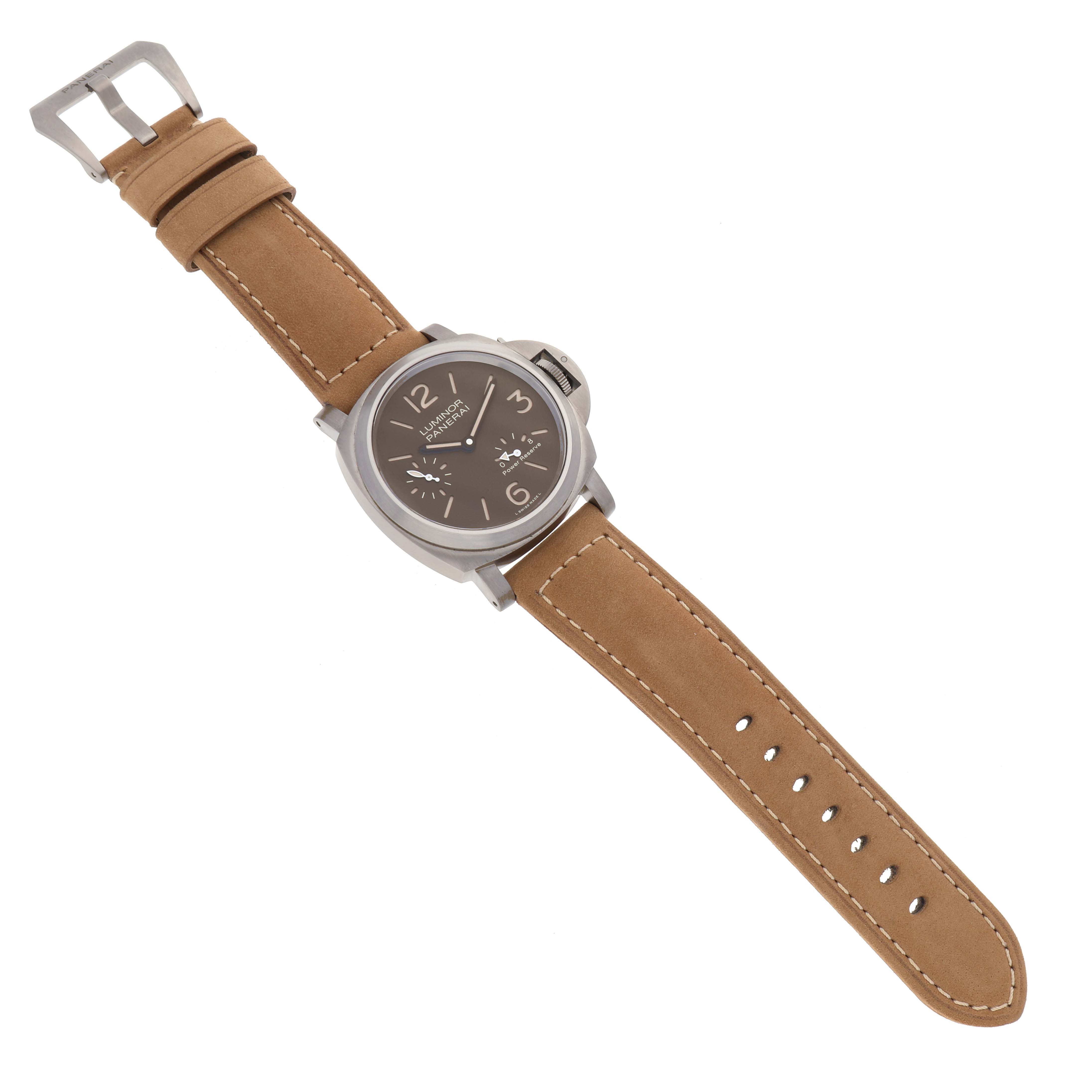 The image shows a Panerai Luminor PAM00797 Men's Titanium Brown Dial PAM00797 Men's Titanium Brown Dial watch at a top-down angle, highlighting the round dial, brown leather strap, and buckle.