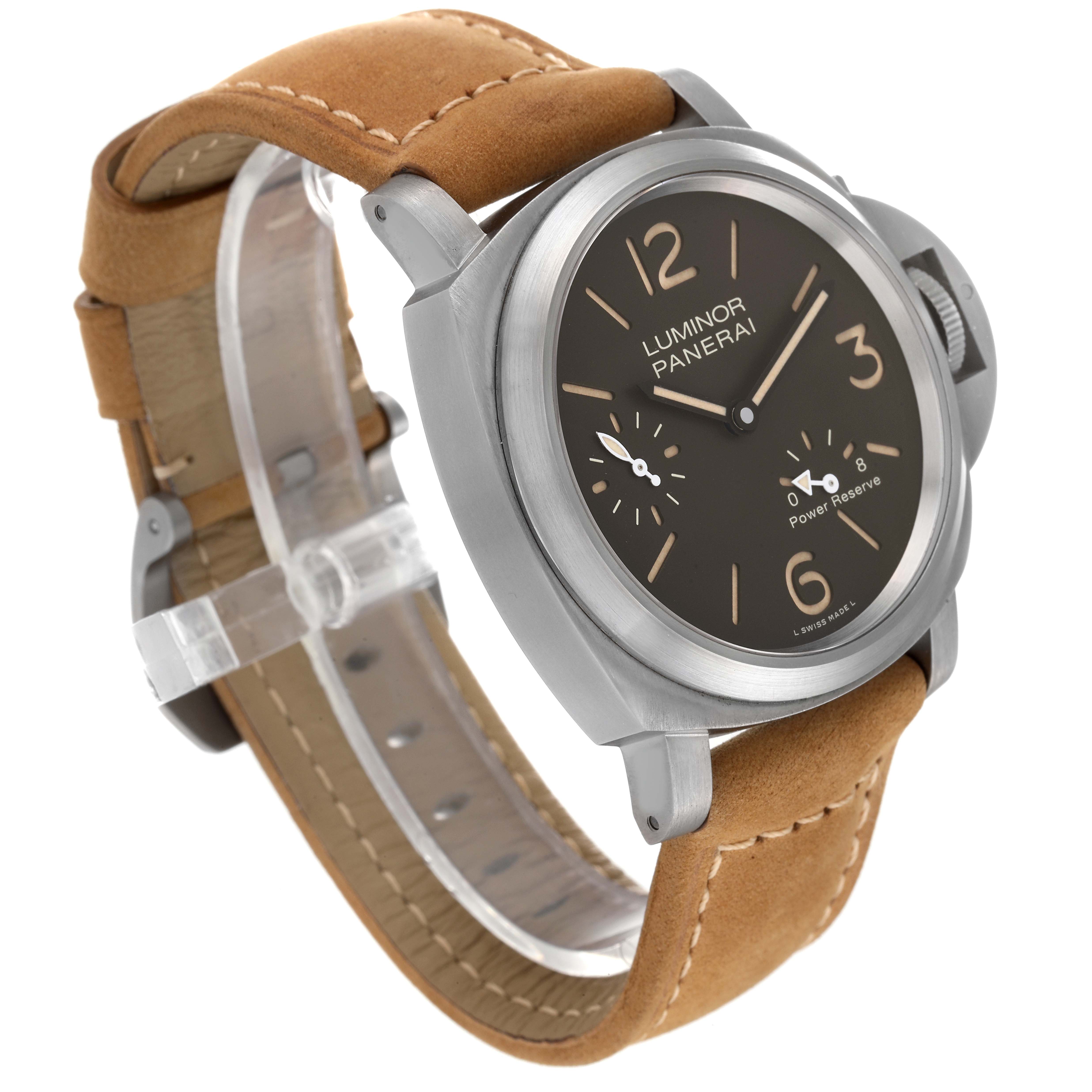 The image shows a Panerai Luminor PAM00797 Men's Titanium Brown Dial PAM00797 Men's Titanium Brown Dial watch at a three-quarter angle, highlighting its brown leather strap, black dial, and stainless steel case.