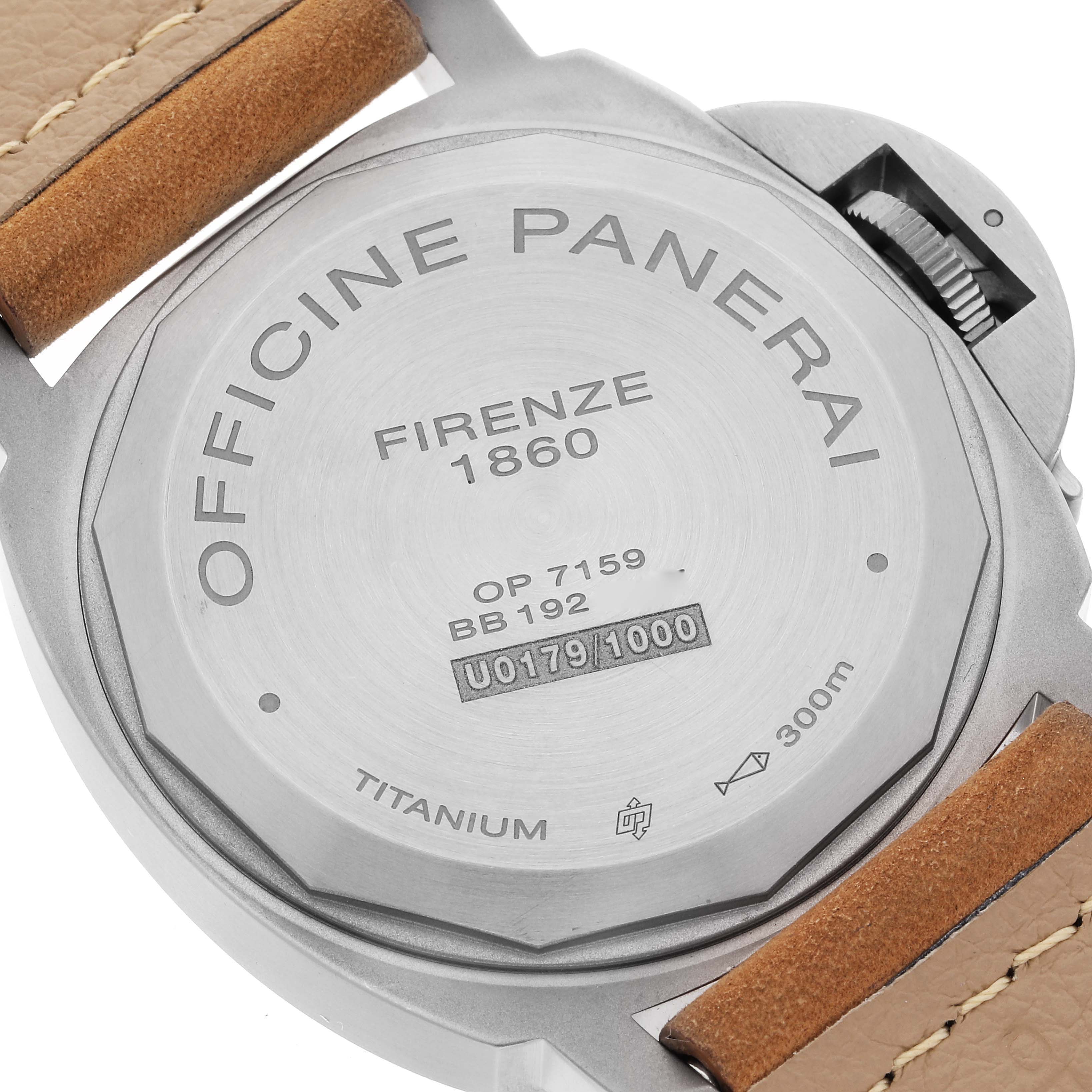 This image shows the back case of the Panerai Luminor PAM00797 Men's Titanium Brown Dial PAM00797 Men's Titanium Brown Dial watch, highlighting its titanium material and model inscriptions.