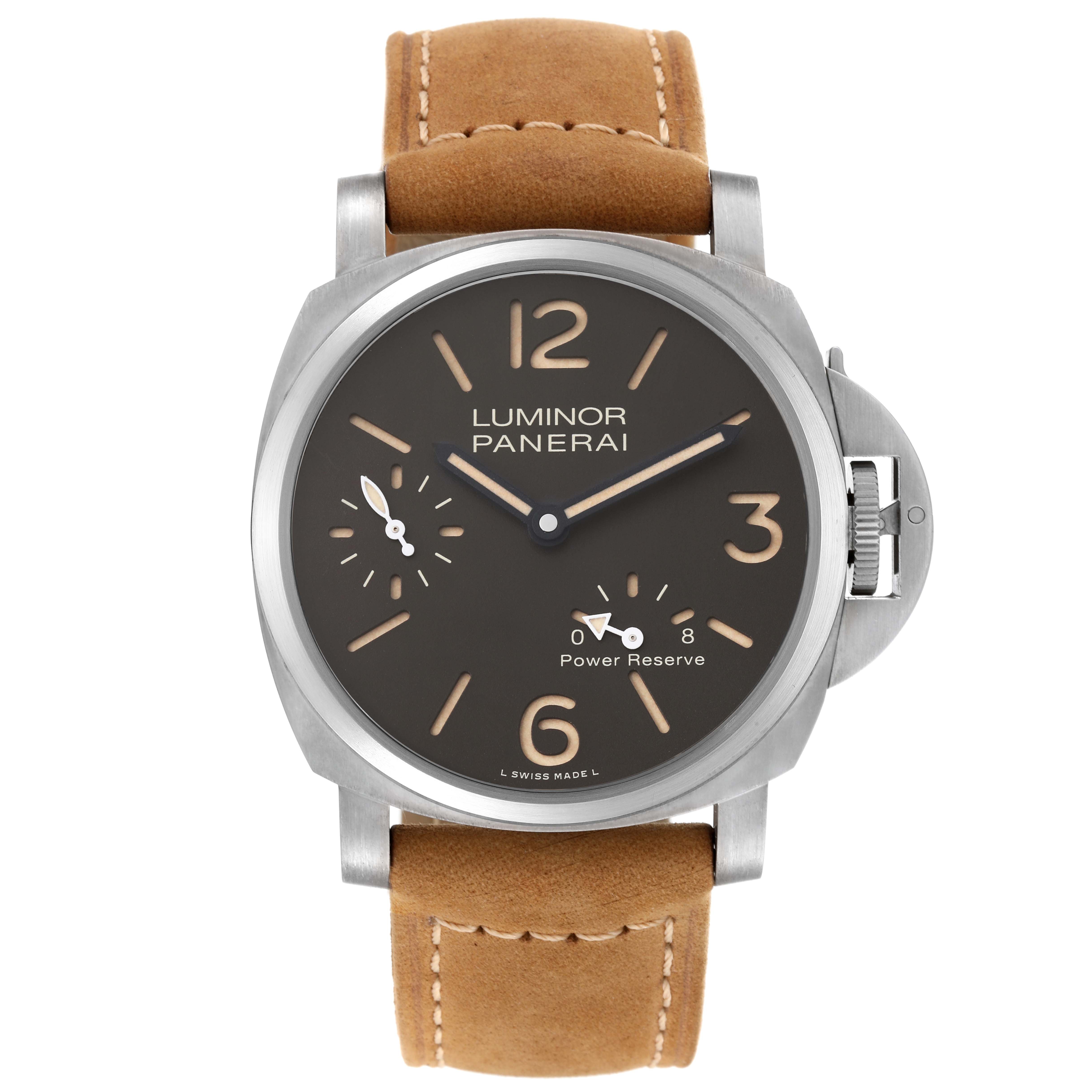 The image shows a front view of a Panerai Luminor PAM00797 Men's Titanium Brown Dial PAM00797 Men's Titanium Brown Dial watch with a tan leather strap and visible power reserve indicator.