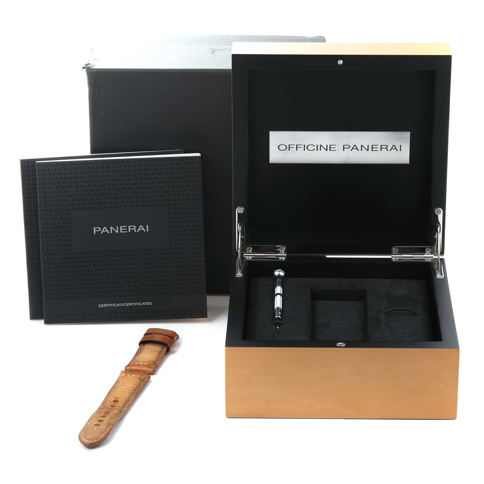 The image shows the open box, booklet, and extra strap of a Panerai Luminor PAM00797 Men's Titanium Brown Dial PAM00797 Men's Titanium Brown Dial watch from a front angle.