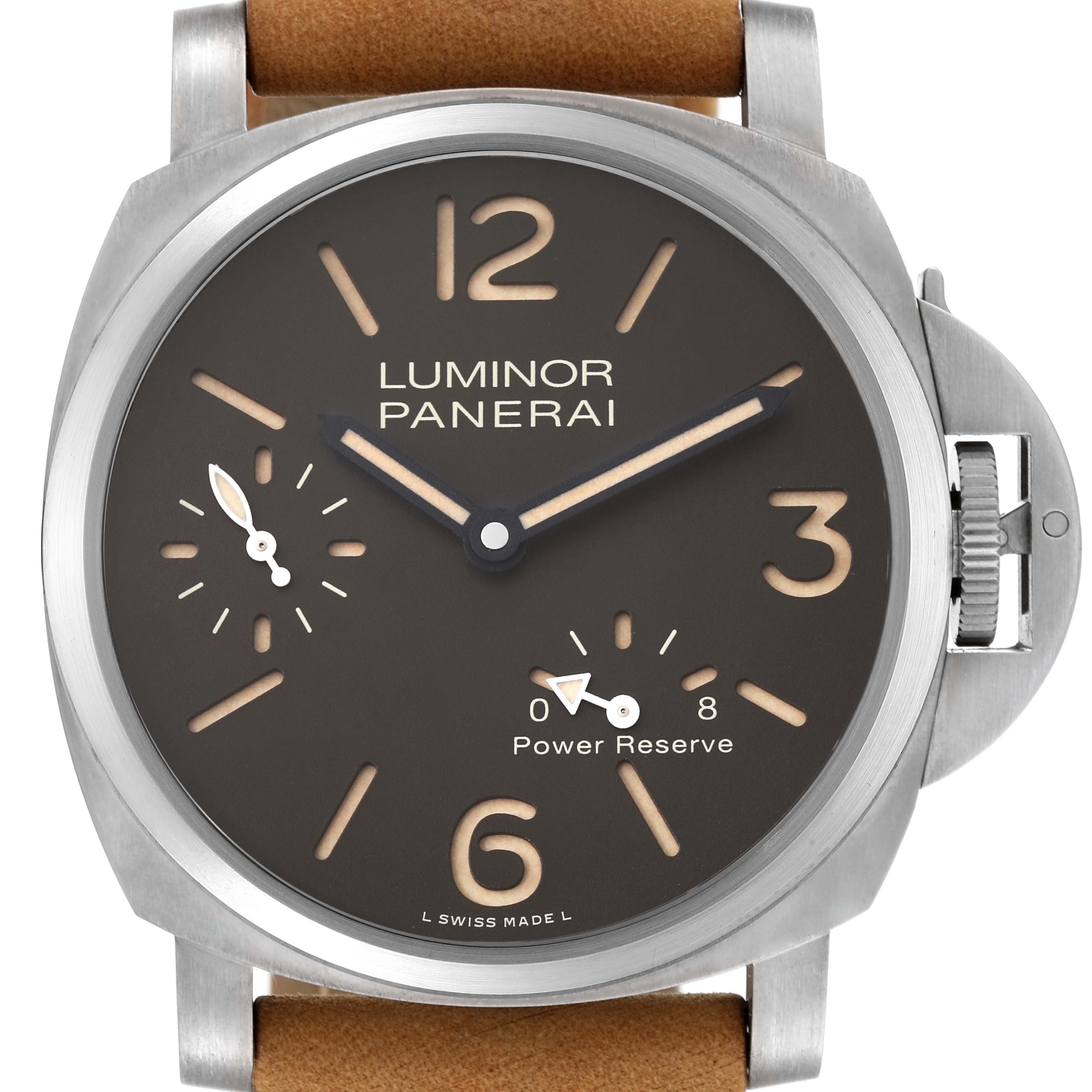 This close-up of a Panerai Luminor PAM00797 Men's Titanium Brown Dial PAM00797 Men's Titanium Brown Dial watch shows the face, leather strap, power reserve indicator, and crown guard.